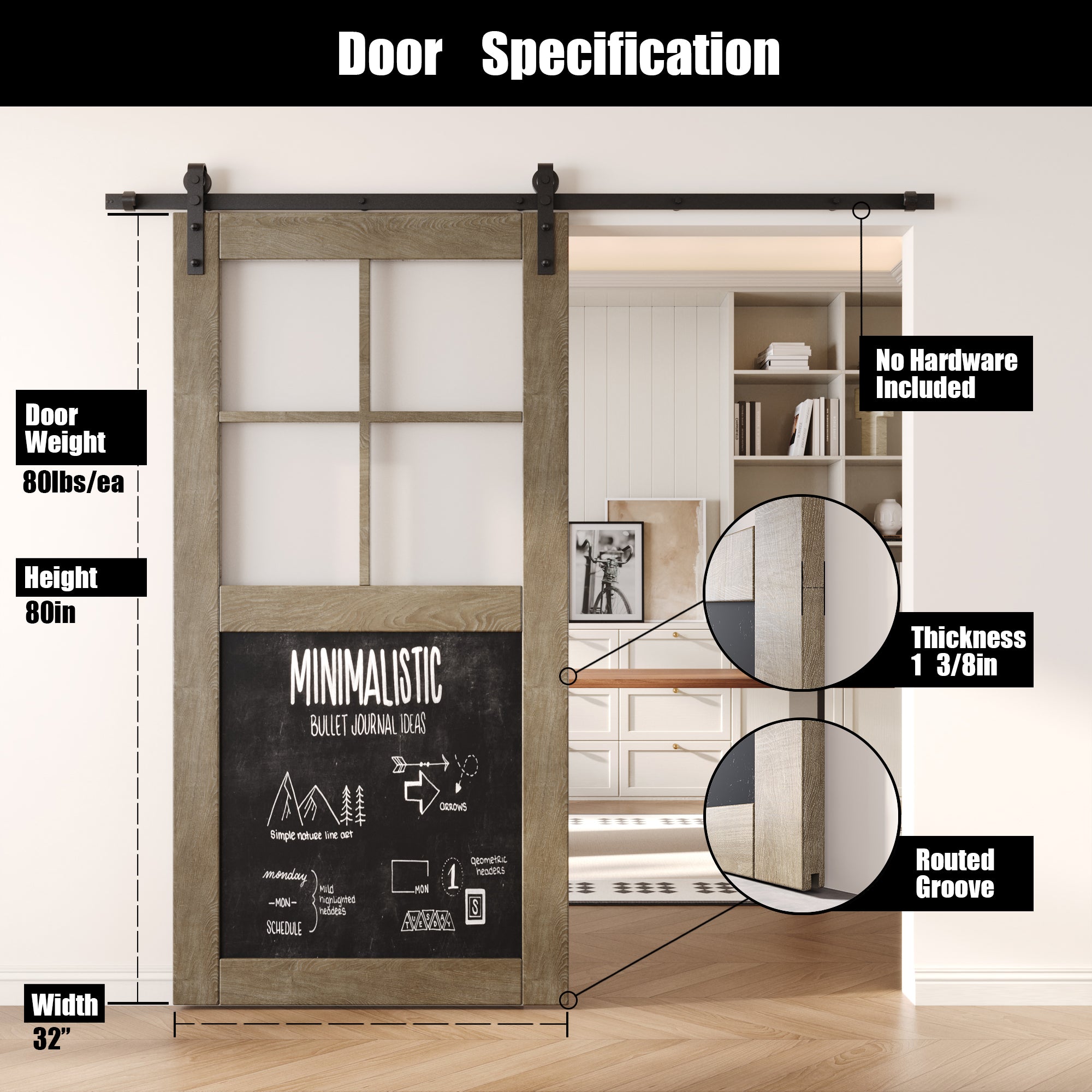 80" Height Classic Gray Half Lite Chalkboard Unassembled & Finished Pine Wood Barn Door (Interior Use Only)