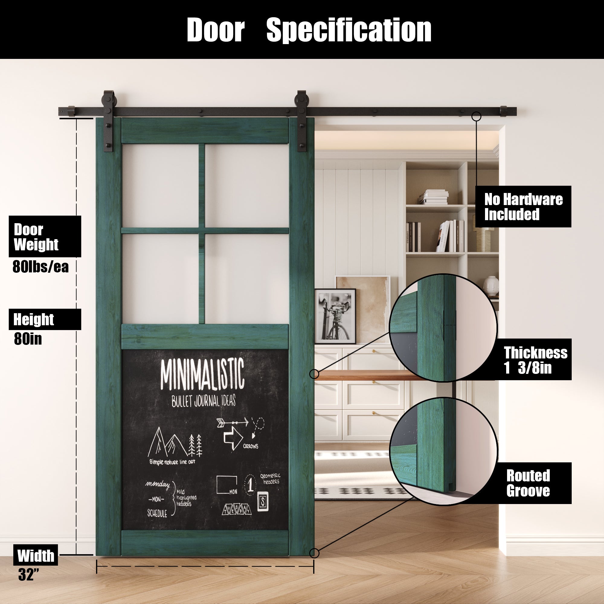 80" Height Royal Pine Half Lite Chalkboard Unassembled & Finished Pine Wood Barn Door (Interior Use Only)