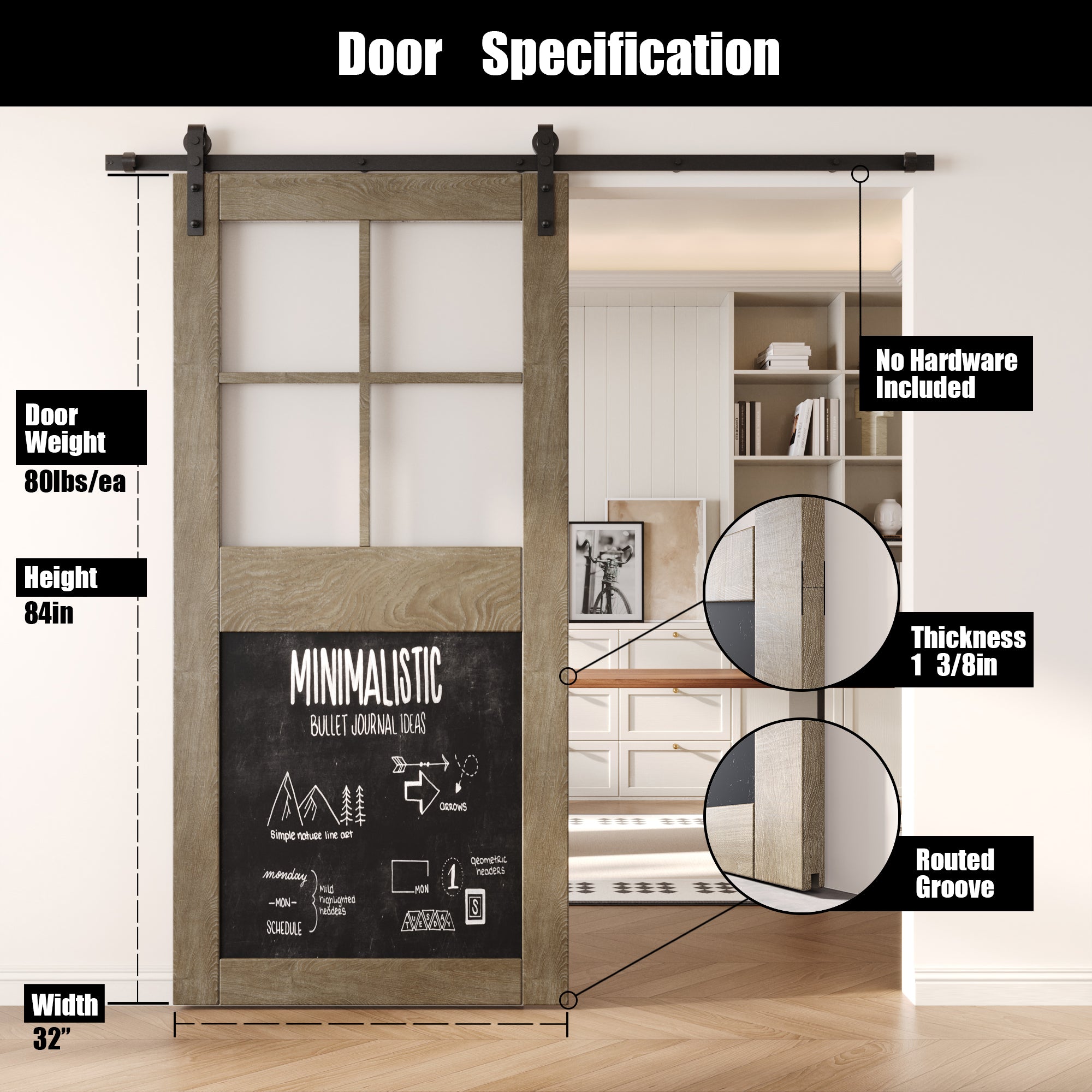 84" Height Classic Gray Half Lite Chalkboard Unassembled & Finished Pine Wood Barn Door (Interior Use Only)