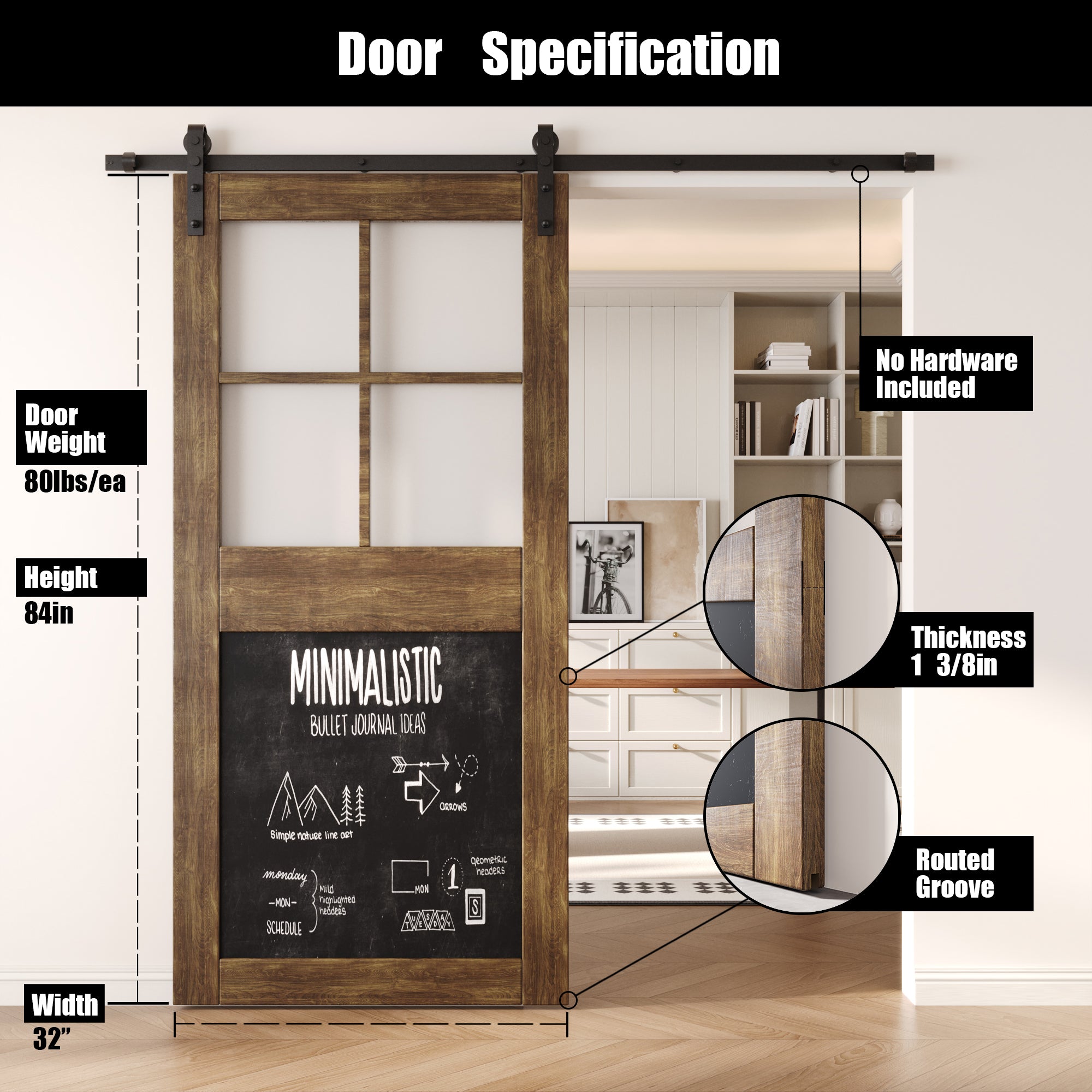 84" Height Dark Walnut Half Lite Chalkboard Unassembled & Finished Pine Wood Barn Door (Interior Use Only)