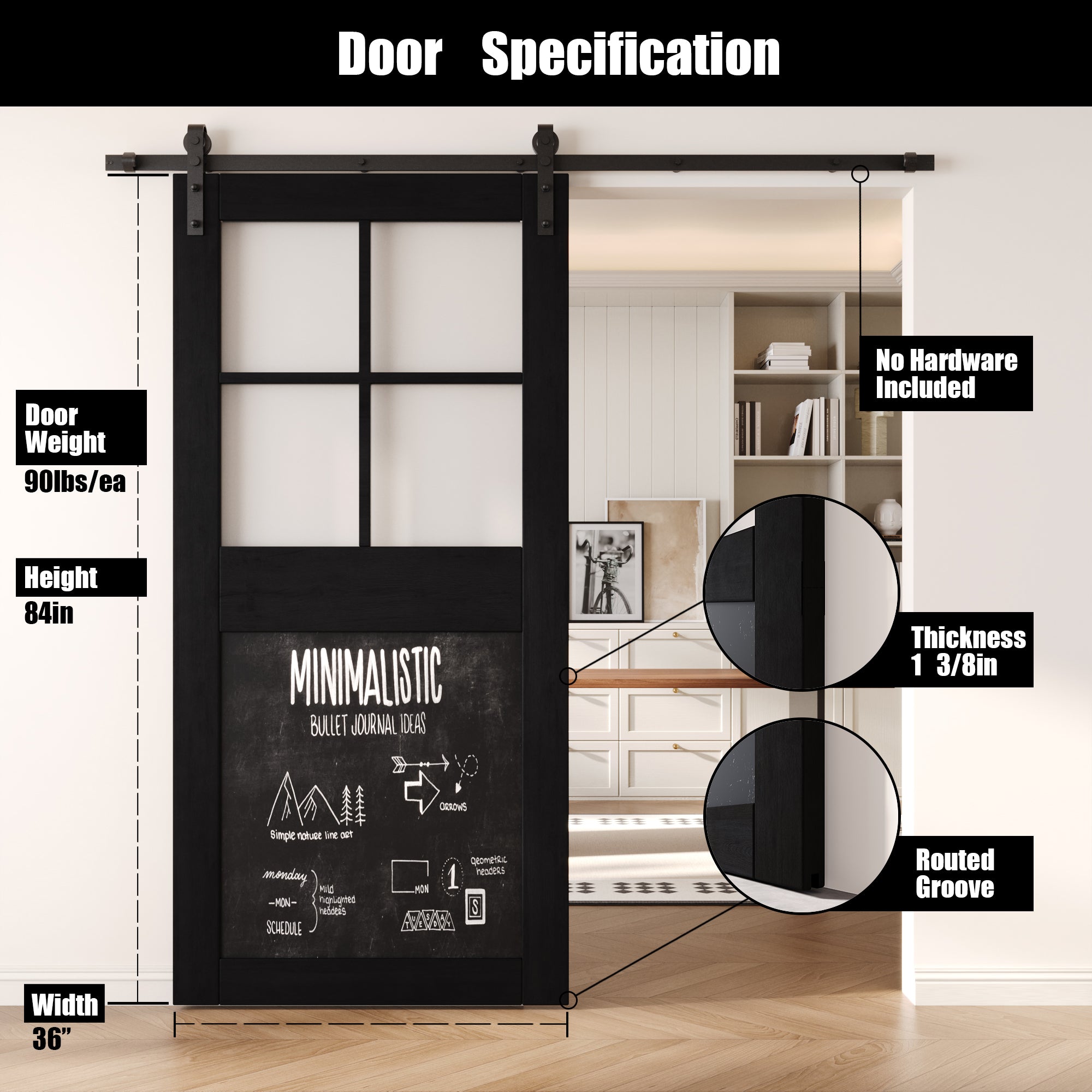 84" Height Black Half Lite Chalkboard Unassembled & Finished Pine Wood Barn Door (Interior Use Only)