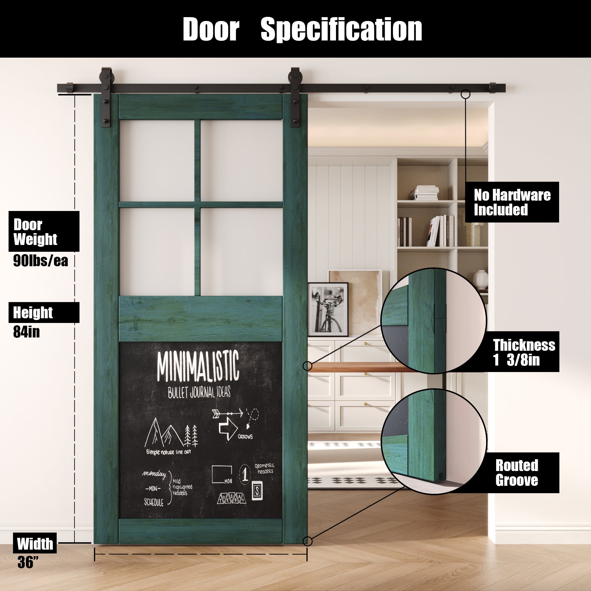 84" Height Royal Pine Half Lite Chalkboard Unassembled & Finished Pine Wood Barn Door (Interior Use Only)