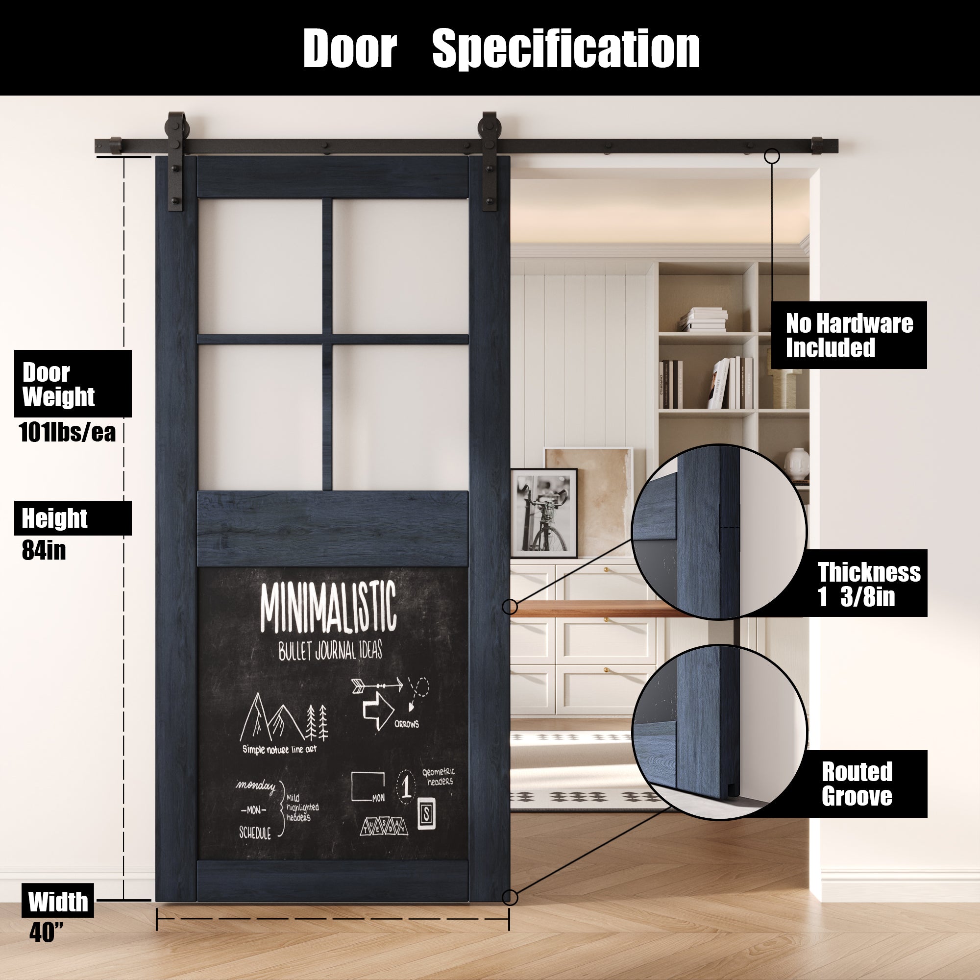 84" Height Navy Half Lite Chalkboard Unassembled & Finished Pine Wood Barn Door (Interior Use Only)