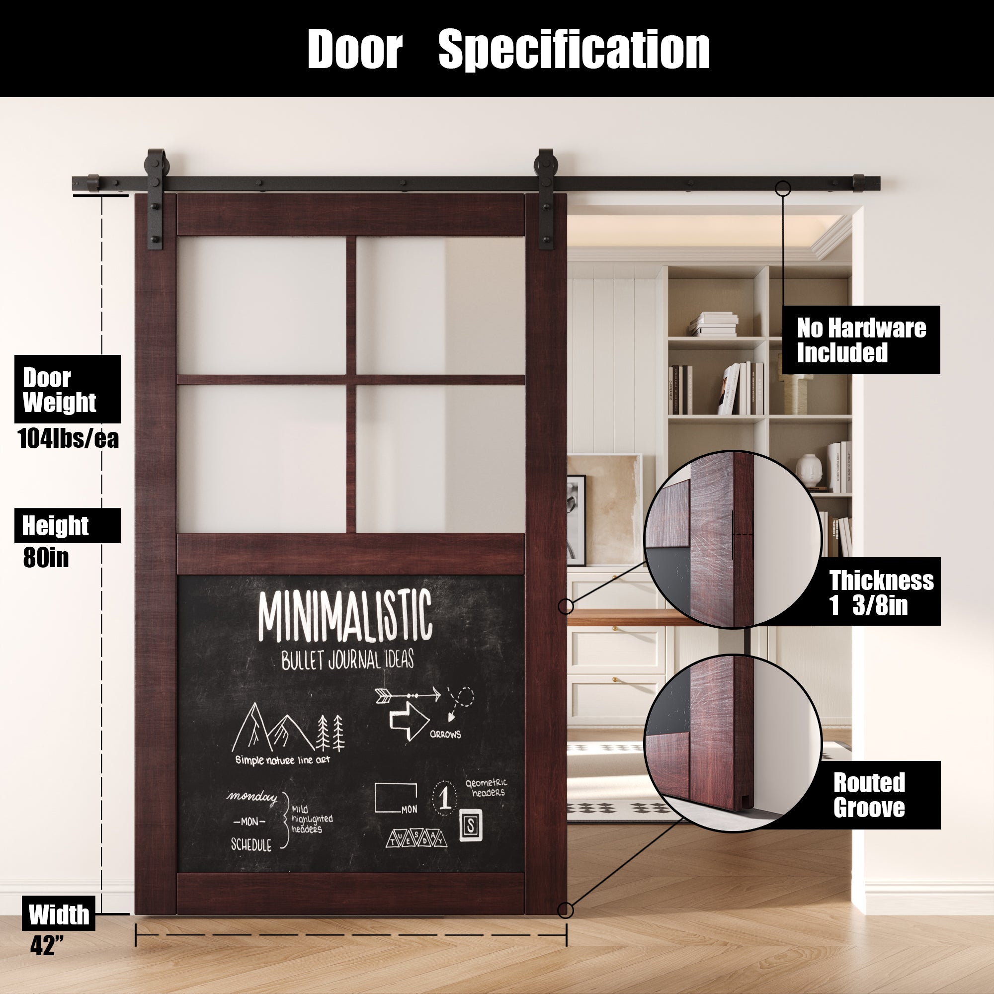 80" Height Red Mahogany Half Lite Chalkboard Unassembled & Finished Pine Wood Barn Door (Interior Use Only)