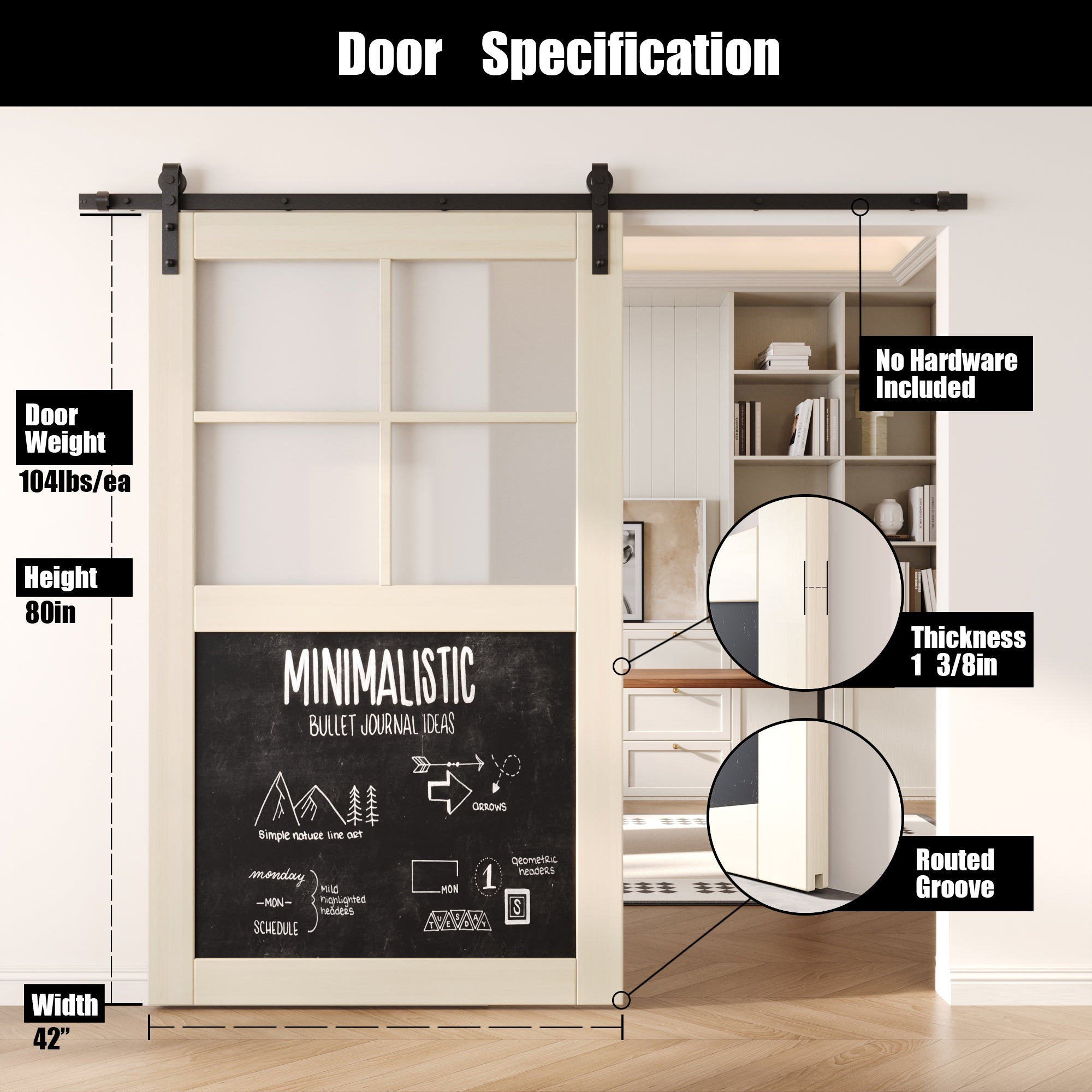 80" Height Tinsmith Gray Half Lite Chalkboard Unassembled & Finished Pine Wood Barn Door (Interior Use Only)