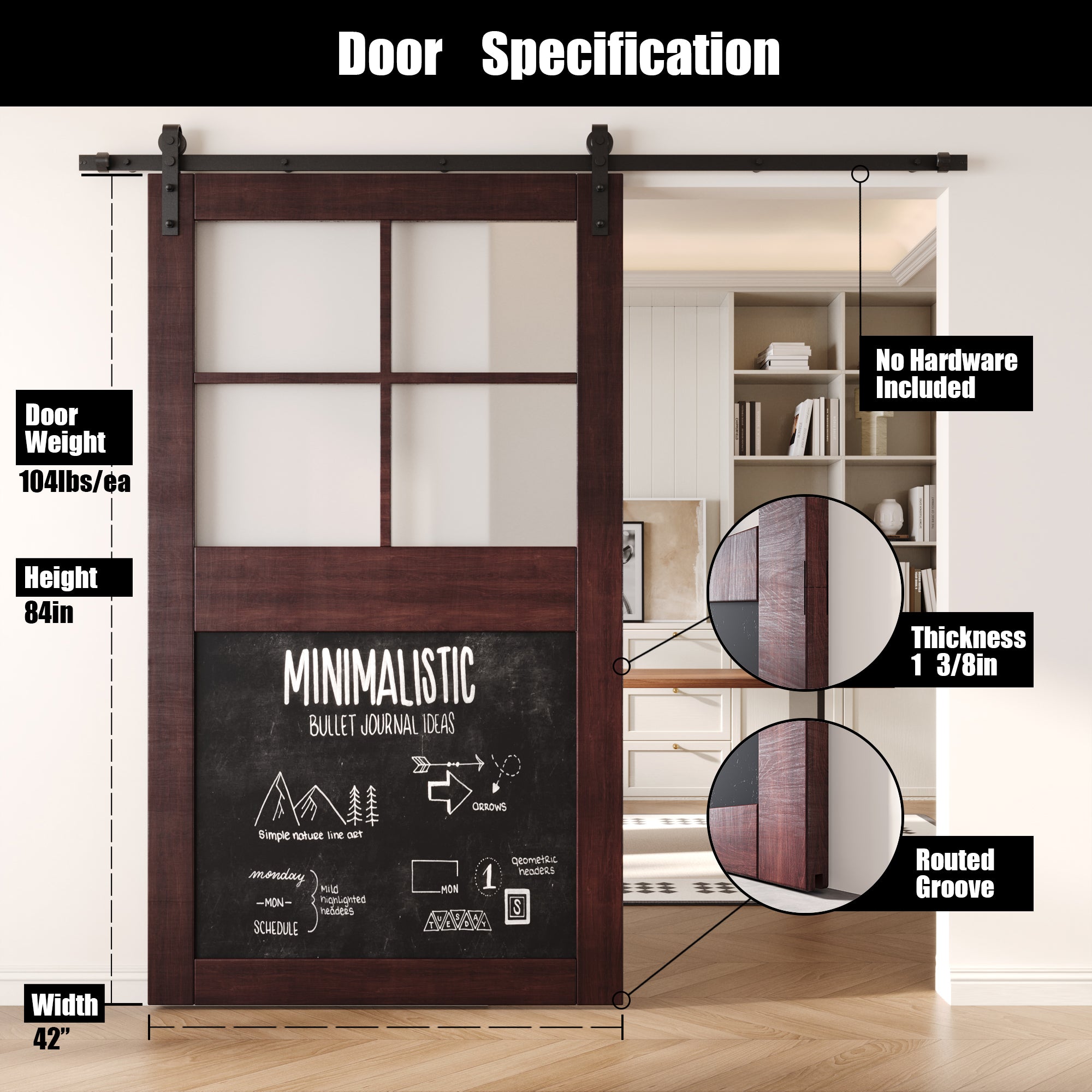 84" Height Red Mahogany Half Lite Chalkboard Unassembled & Finished Pine Wood Barn Door (Interior Use Only)