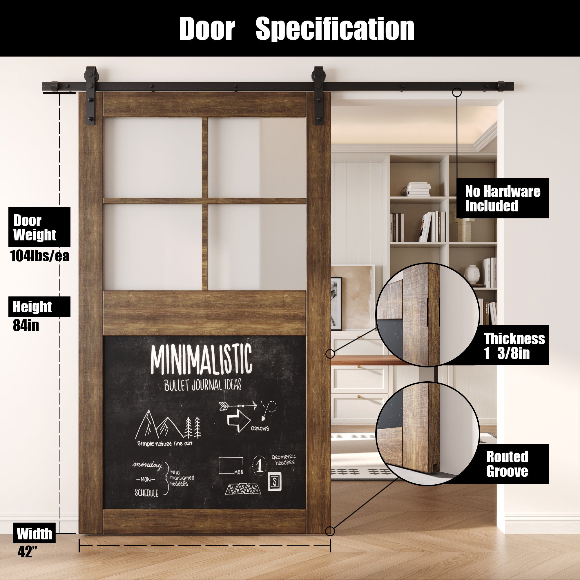 84" Height Dark Walnut Half Lite Chalkboard Unassembled & Finished Pine Wood Barn Door (Interior Use Only)