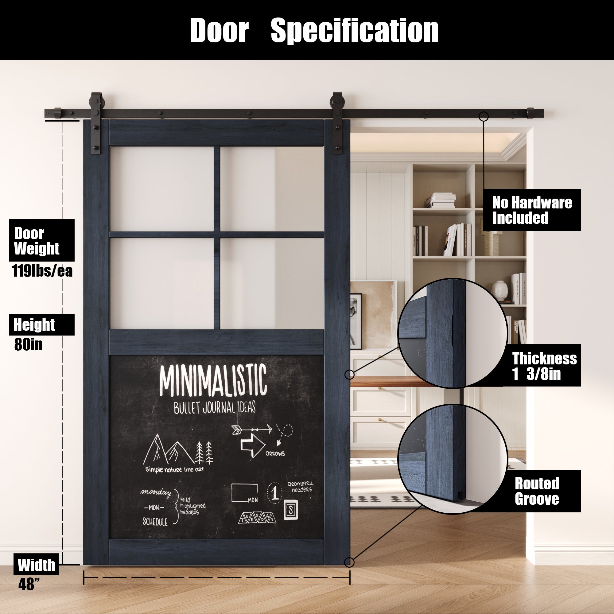 80" Height Navy Half Lite Chalkboard Unassembled & Finished Pine Wood Barn Door (Interior Use Only)