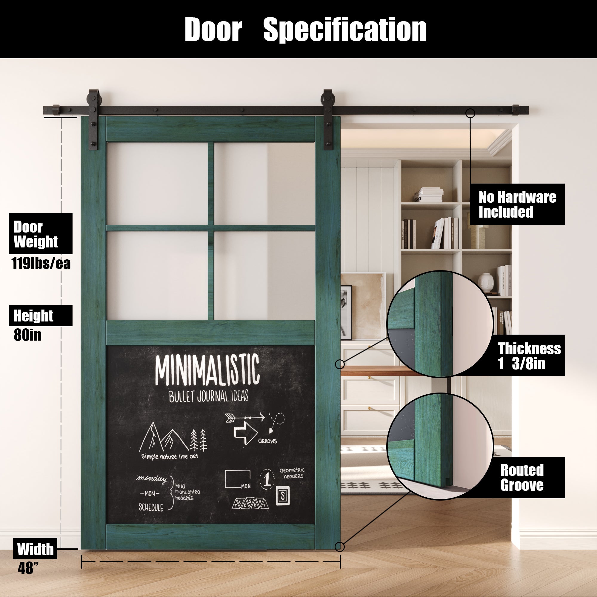 80" Height Royal Pine Half Lite Chalkboard Unassembled & Finished Pine Wood Barn Door (Interior Use Only)