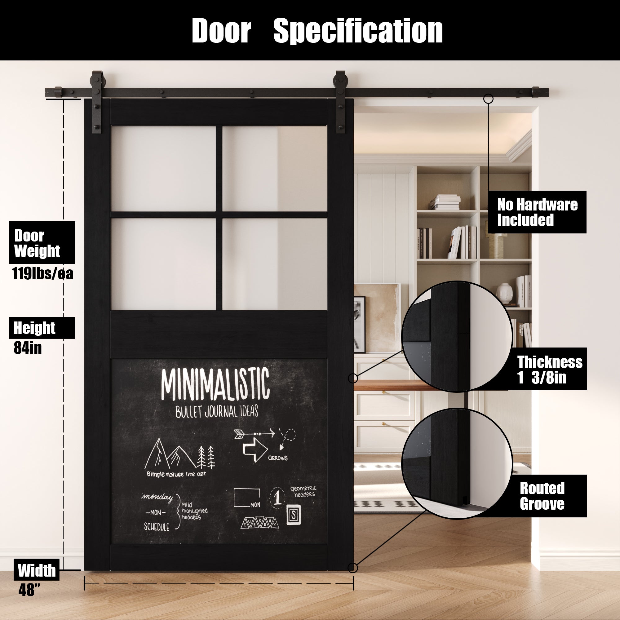 84" Height Black Half Lite Chalkboard Unassembled & Finished Pine Wood Barn Door (Interior Use Only)
