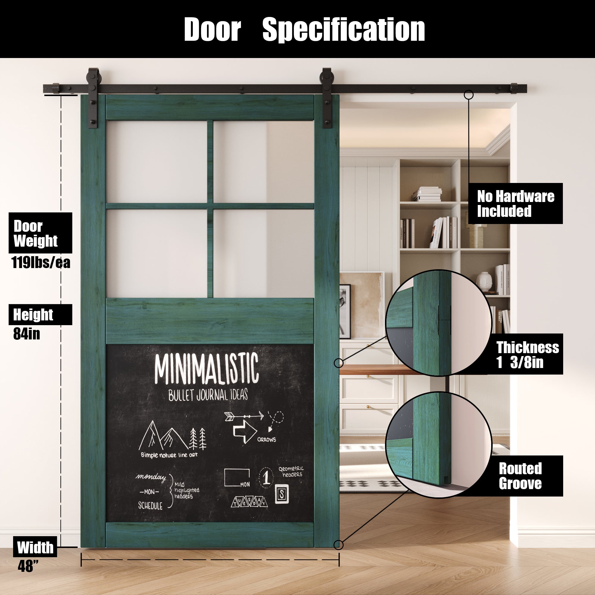 84" Height Royal Pine Half Lite Chalkboard Unassembled & Finished Pine Wood Barn Door (Interior Use Only)