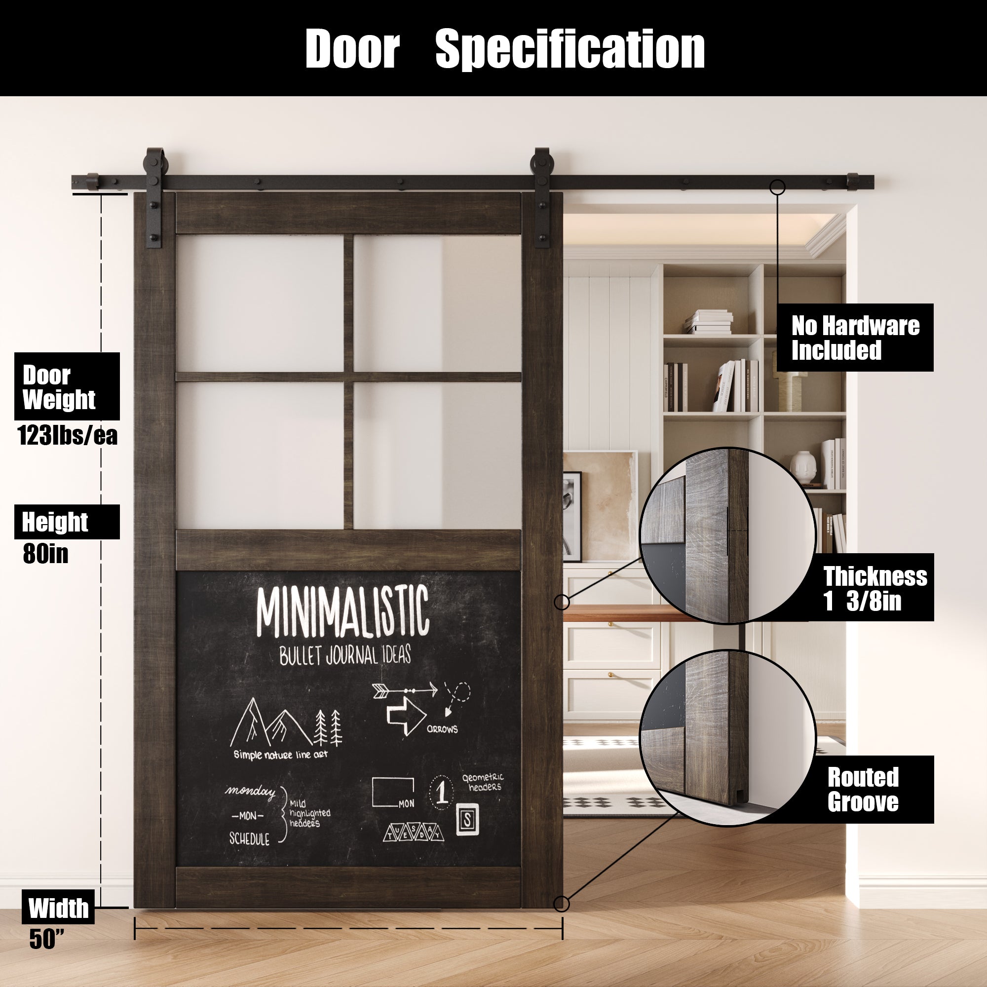 80" Height Ebony Half Lite Chalkboard Unassembled & Finished Pine Wood Barn Door (Interior Use Only)