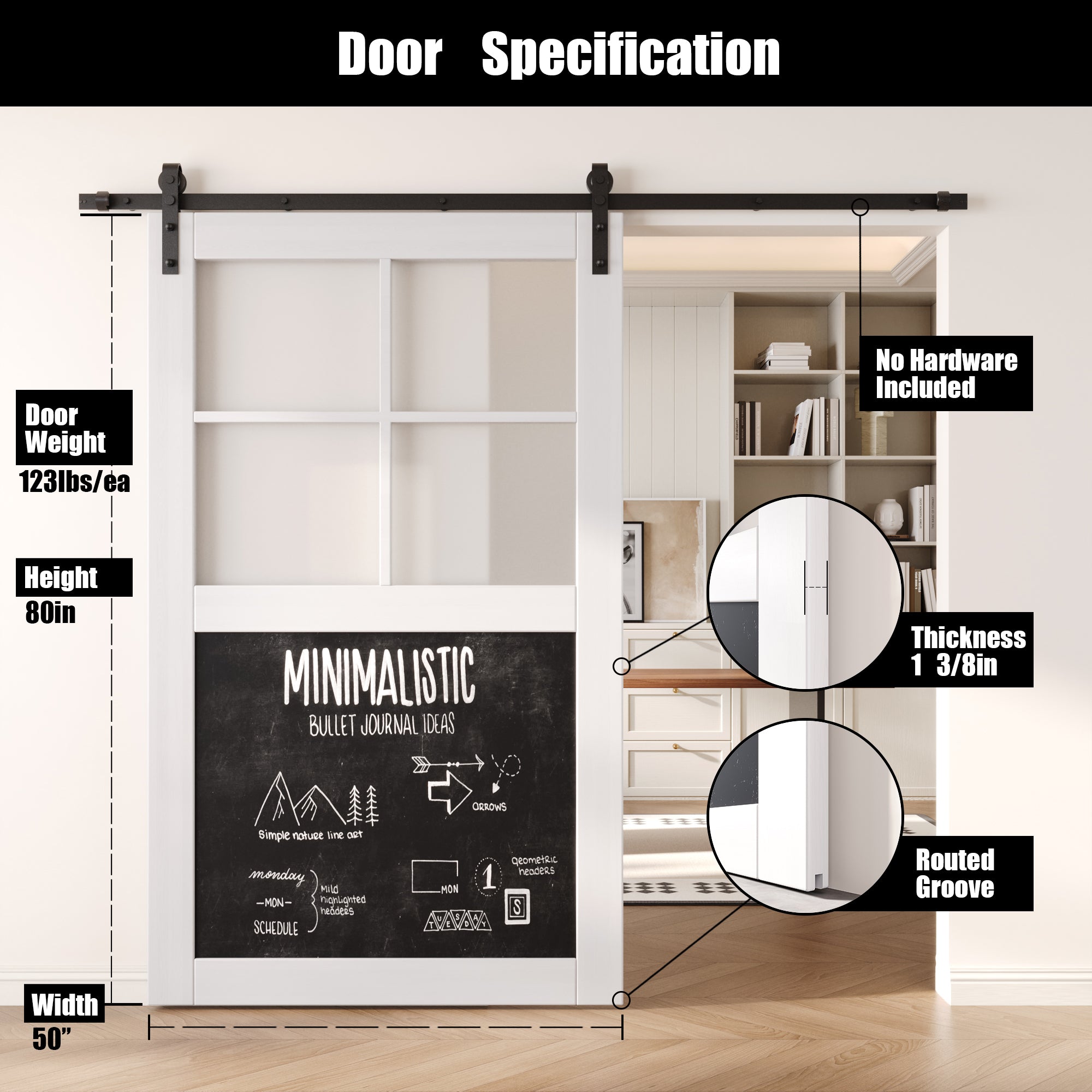 80" Height White Half Lite Chalkboard Unassembled & Finished Pine Wood Barn Door (Interior Use Only)