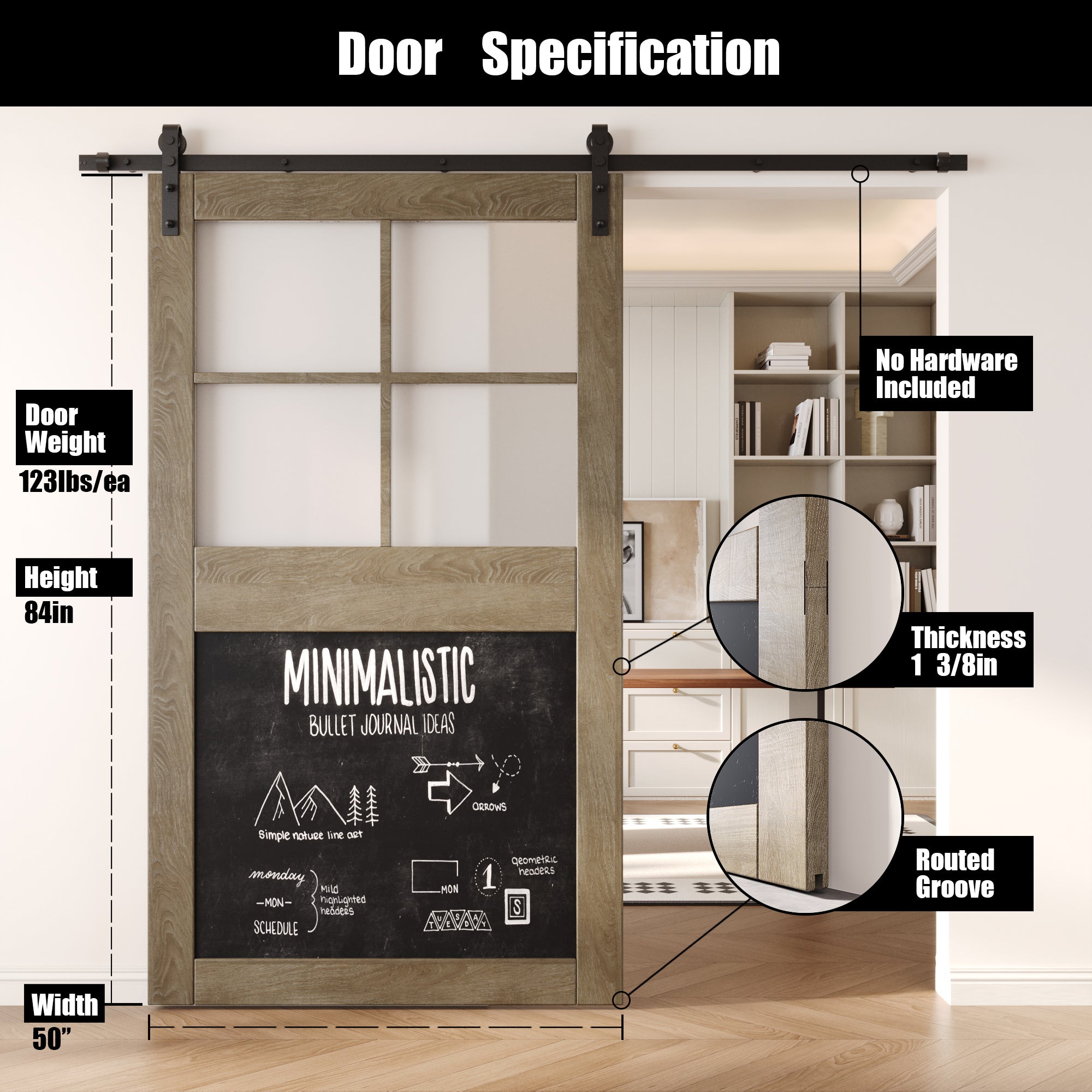 84" Height Classic Gray Half Lite Chalkboard Unassembled & Finished Pine Wood Barn Door (Interior Use Only)