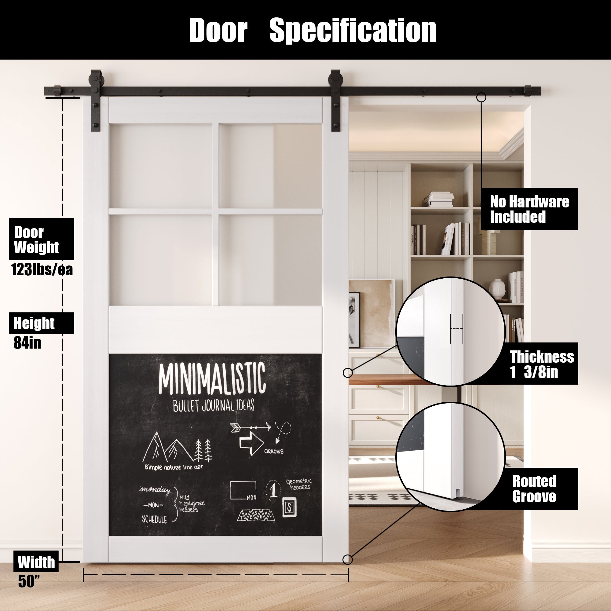 84" Height White Half Lite Chalkboard Unassembled & Finished Pine Wood Barn Door (Interior Use Only)