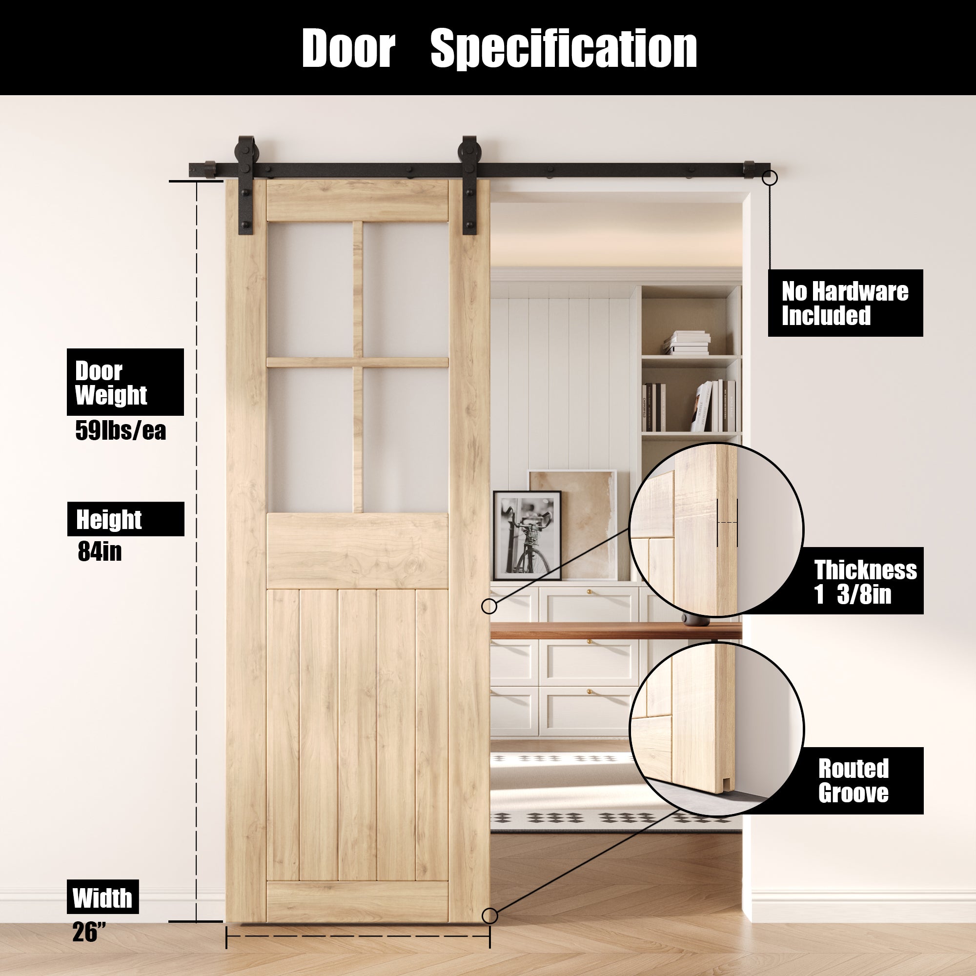 84" Height Half Lite Grid Glass Unassembled & Unfinished Pine Wood Barn Door (Interior Use Only)