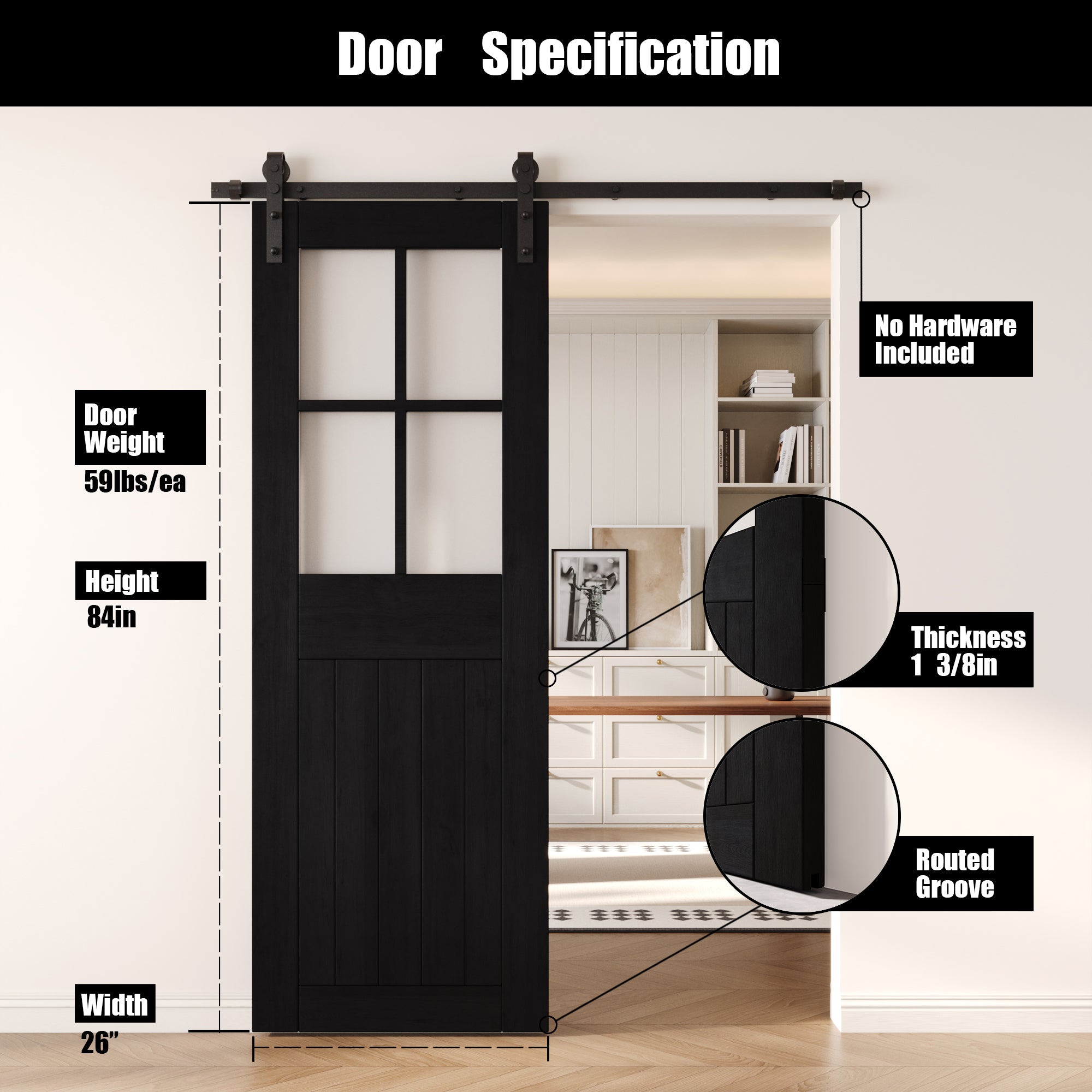 84" Height Black Half Lite Frosted Glass Cross Design Unassembled & Finished Pine Wood Barn Door (Interior Use Only)