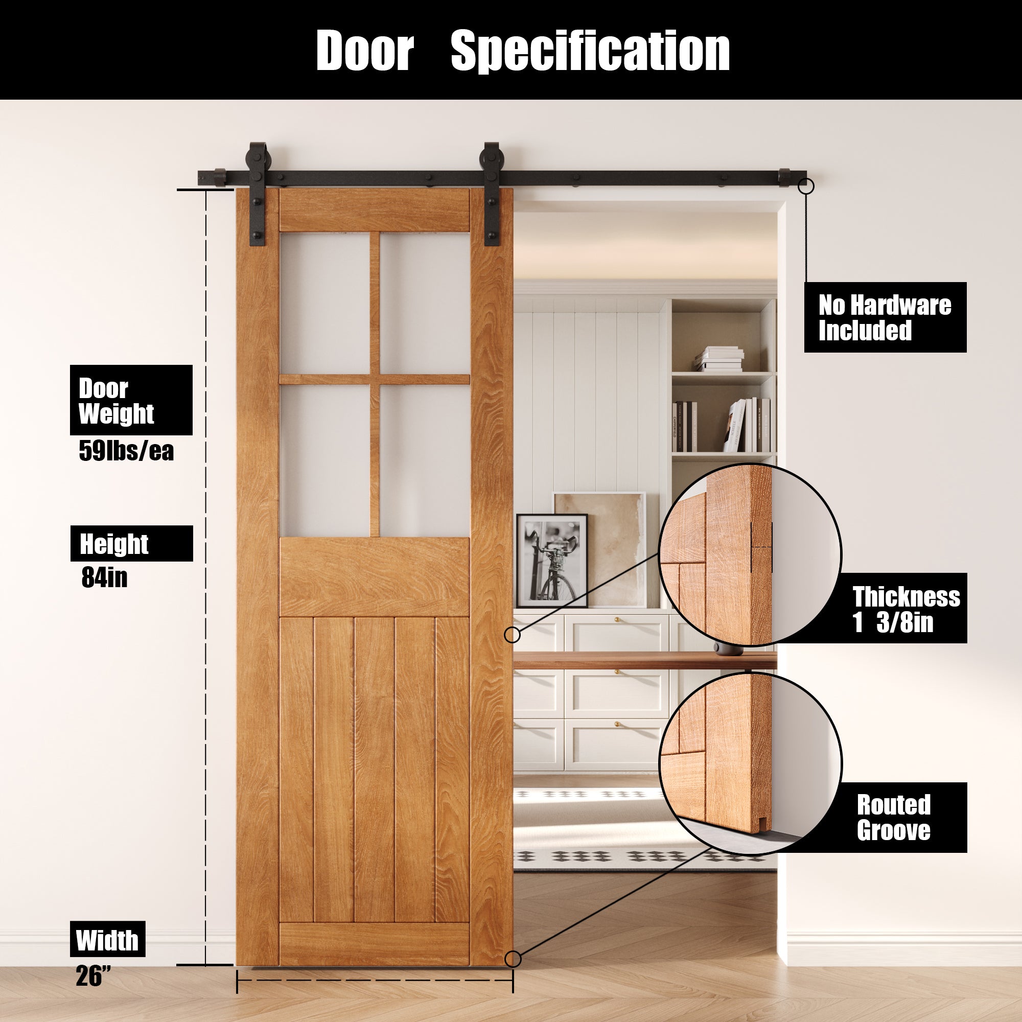 84" Height Early American Half Lite Frosted Glass Cross Design Unassembled & Finished Pine Wood Barn Door (Interior Use Only)