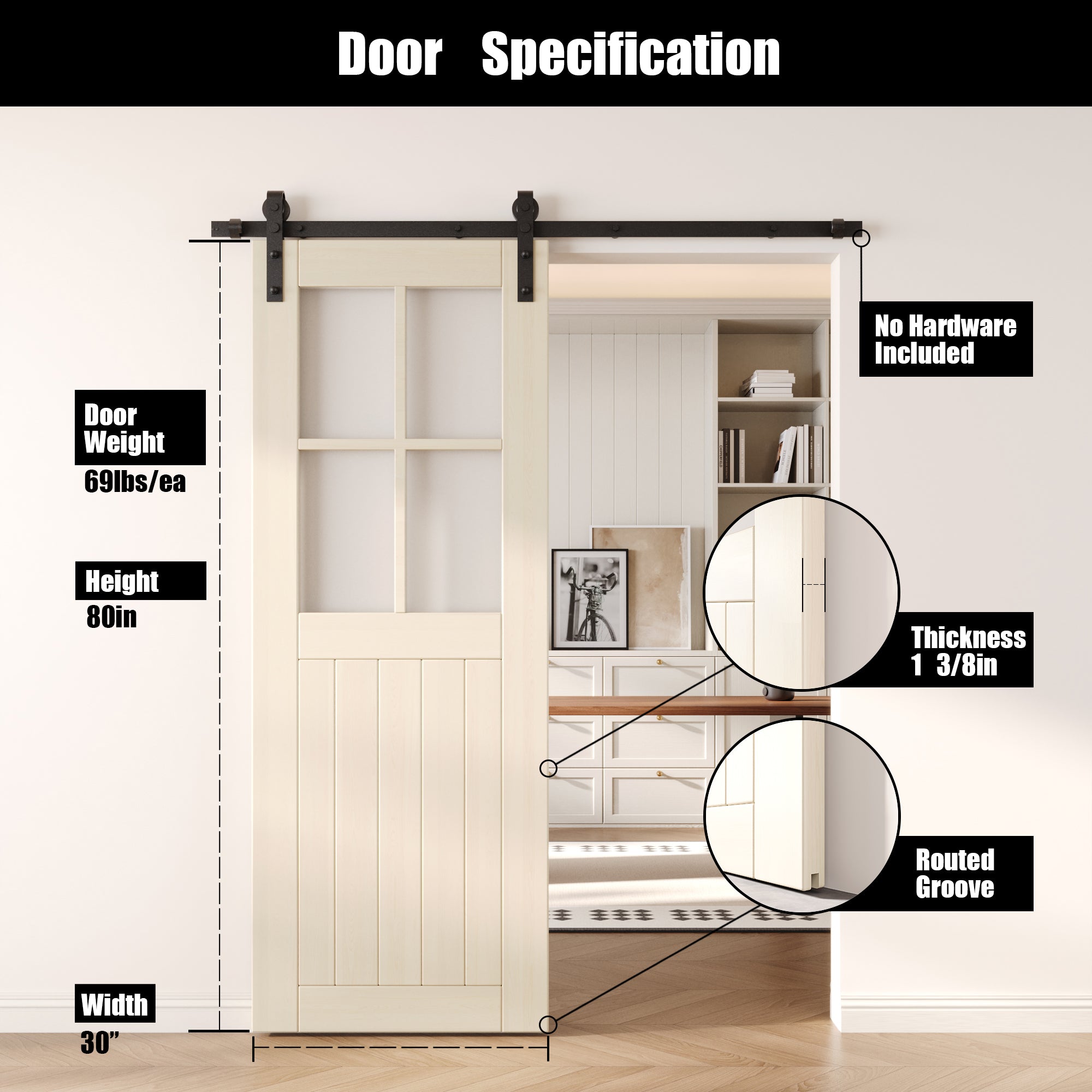 80" Height Tinsmith Gray Half Lite Frosted Glass Cross Design Unassembled & Finished Pine Wood Barn Door (Interior Use Only)