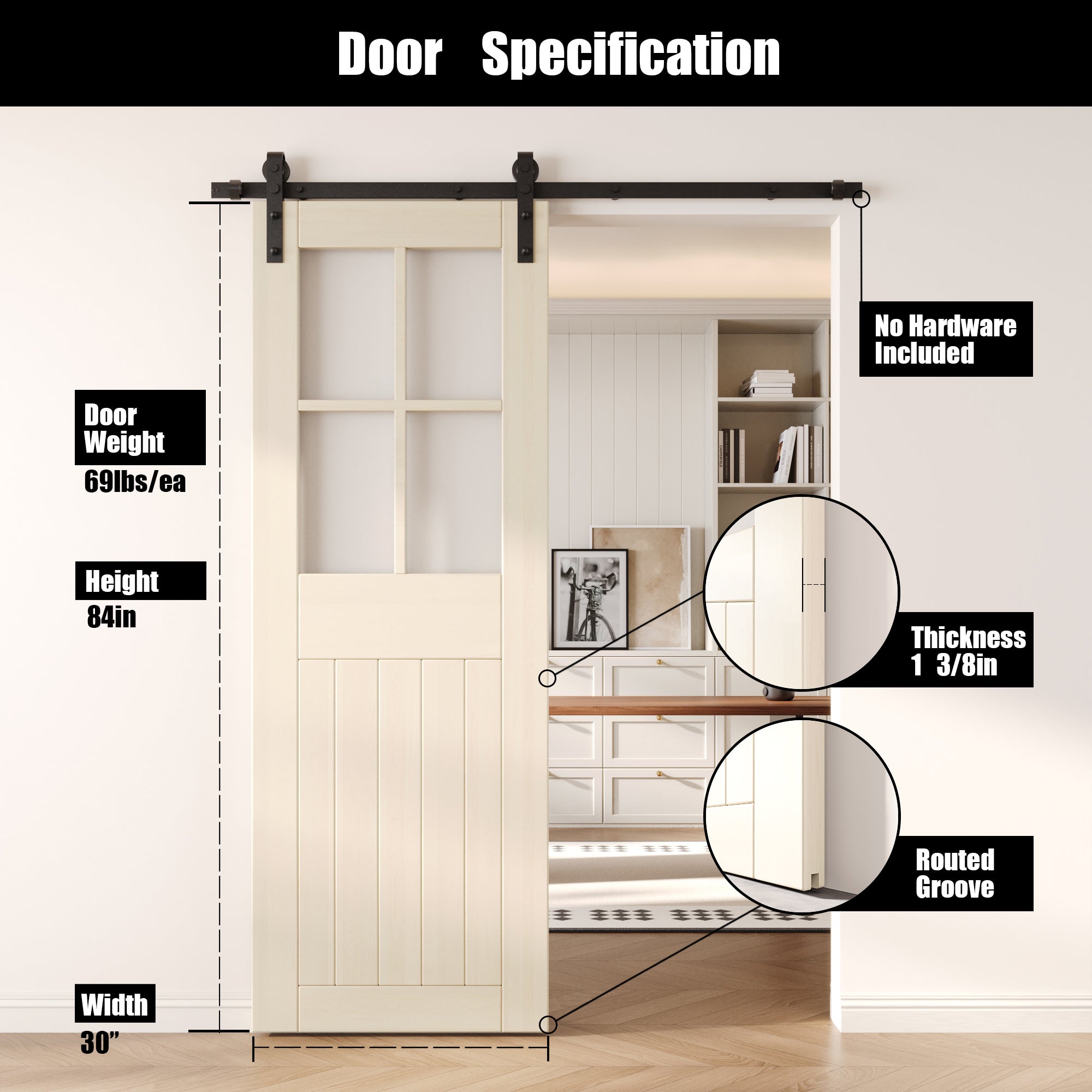 84" Height Tinsmith Gray Half Lite Grid Glass Unassembled & Finished Pine Wood Barn Door (Interior Use Only)