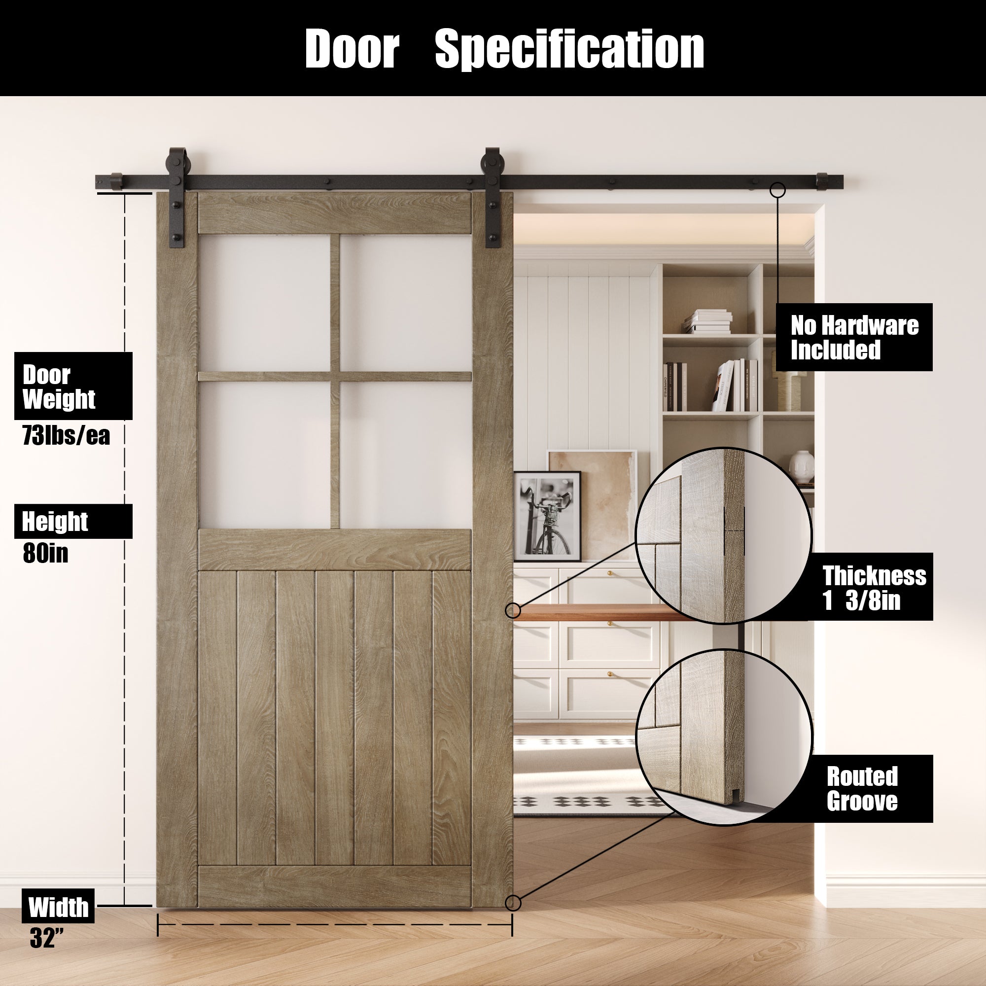 80" Height Classic Gray Half Lite Frosted Glass Cross Design Unassembled & Finished Pine Wood Barn Door (Interior Use Only)