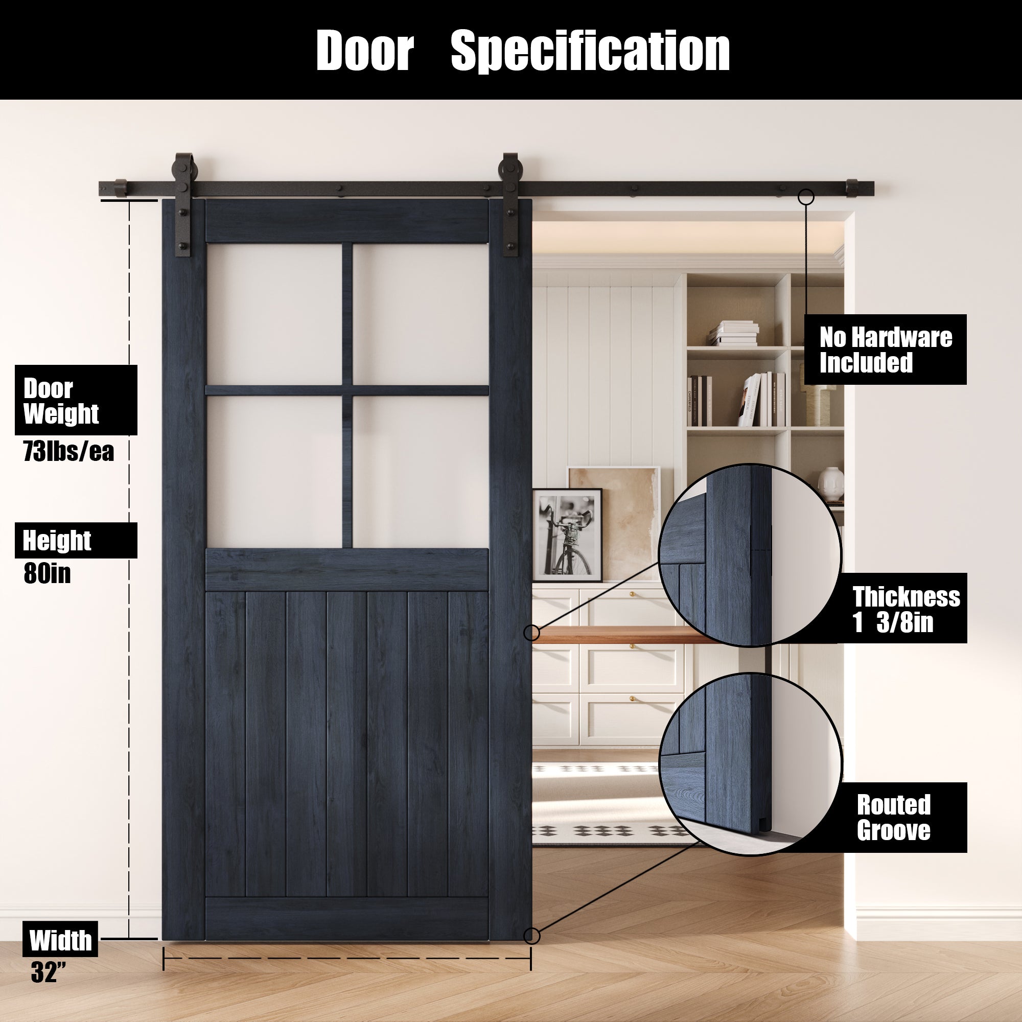 80" Height Navy Half Lite Frosted Glass Cross Design Unassembled & Finished Pine Wood Barn Door (Interior Use Only)