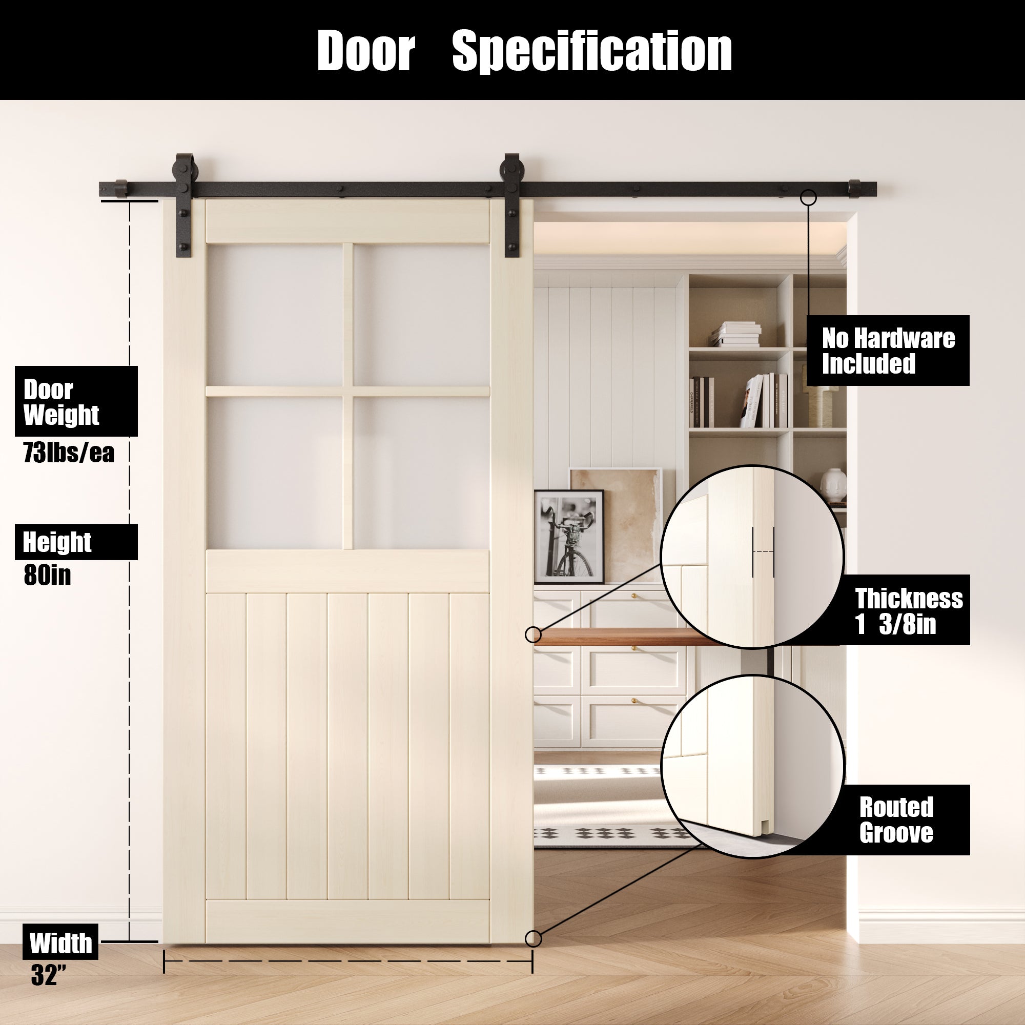 80" Height Tinsmith Gray Half Lite Frosted Glass Cross Design Unassembled & Finished Pine Wood Barn Door (Interior Use Only)