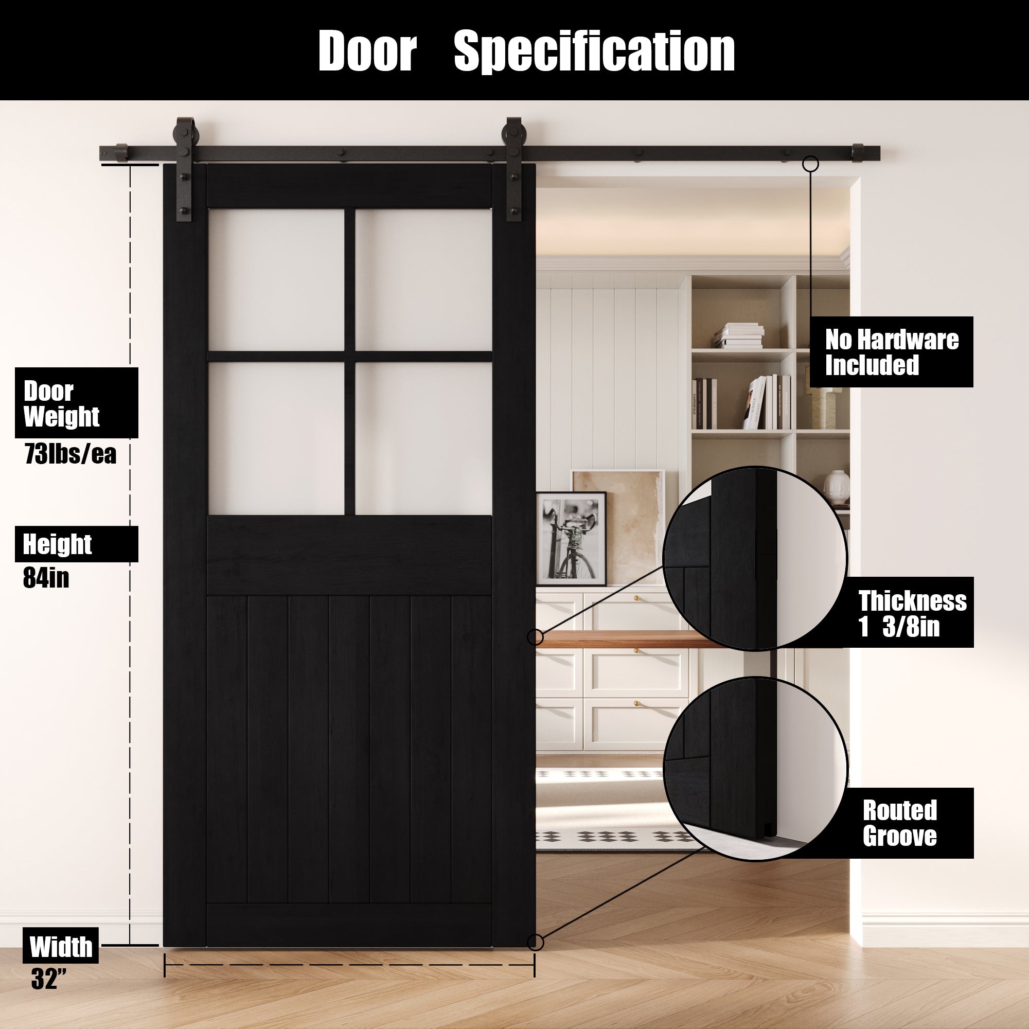 84" Height Black Half Lite Frosted Glass Cross Design Unassembled & Finished Pine Wood Barn Door (Interior Use Only)