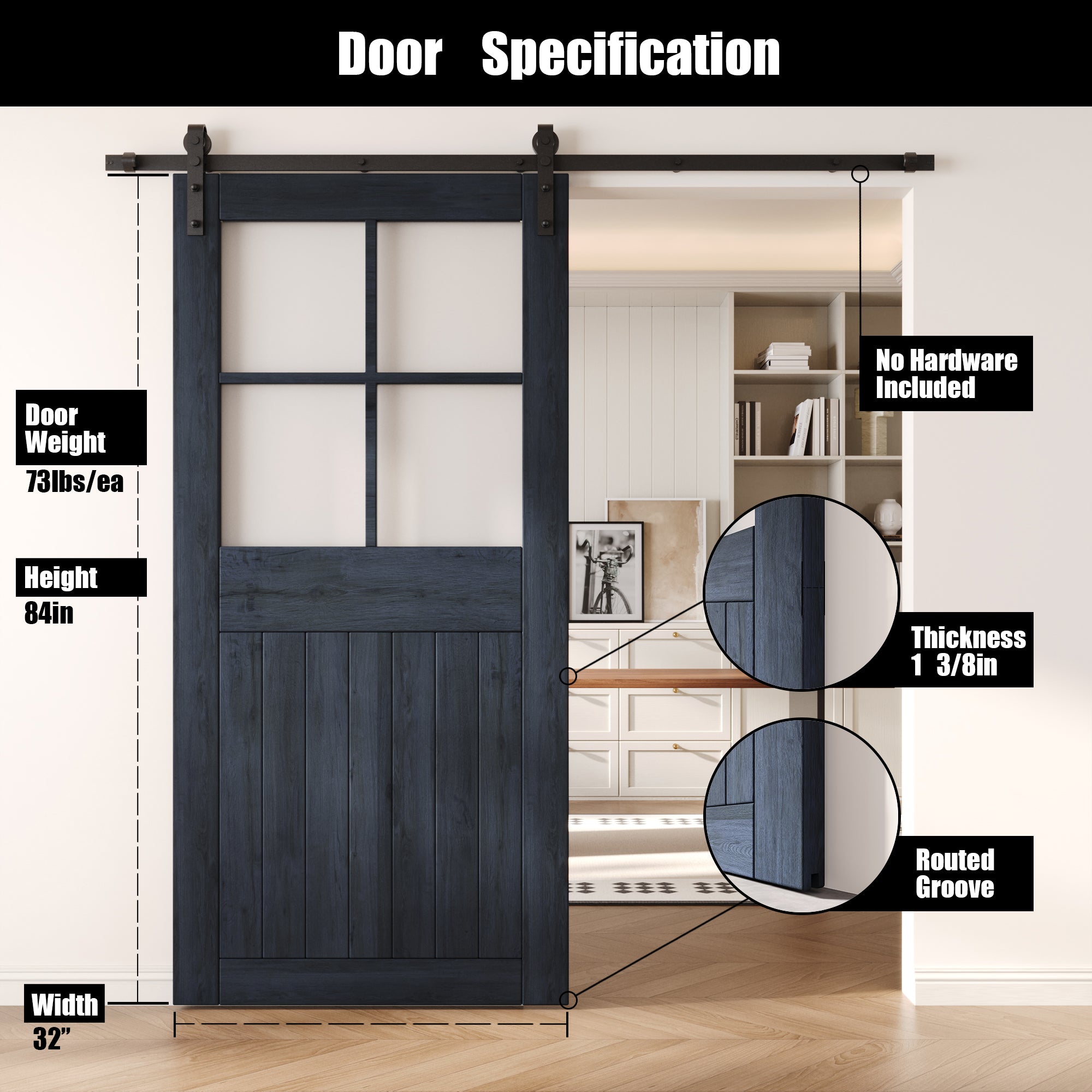 84" Height Navy Half Lite Grid Glass Unassembled & Finished Pine Wood Barn Door (Interior Use Only)