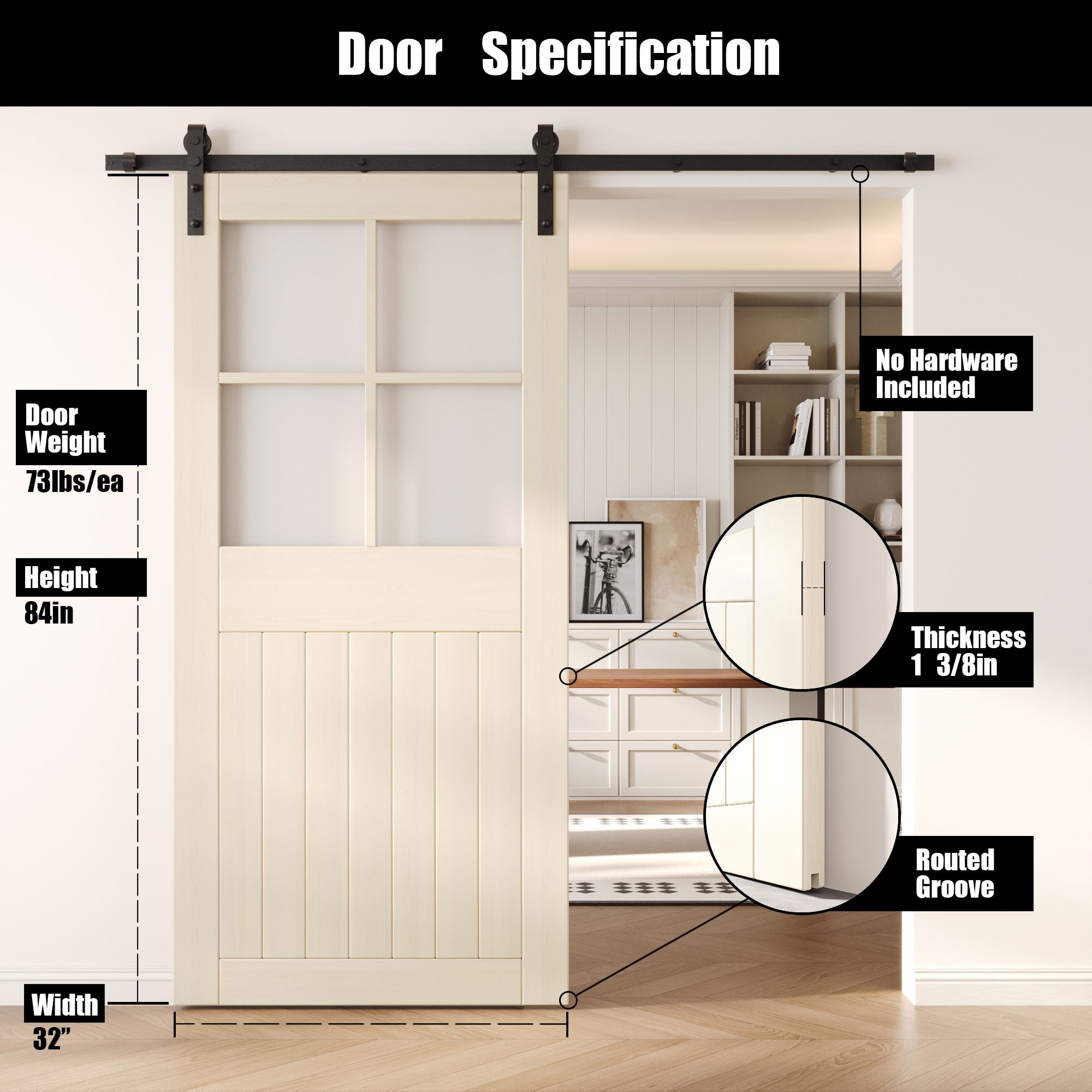 84" Height Tinsmith Gray Half Lite Grid Glass Unassembled & Finished Pine Wood Barn Door (Interior Use Only)