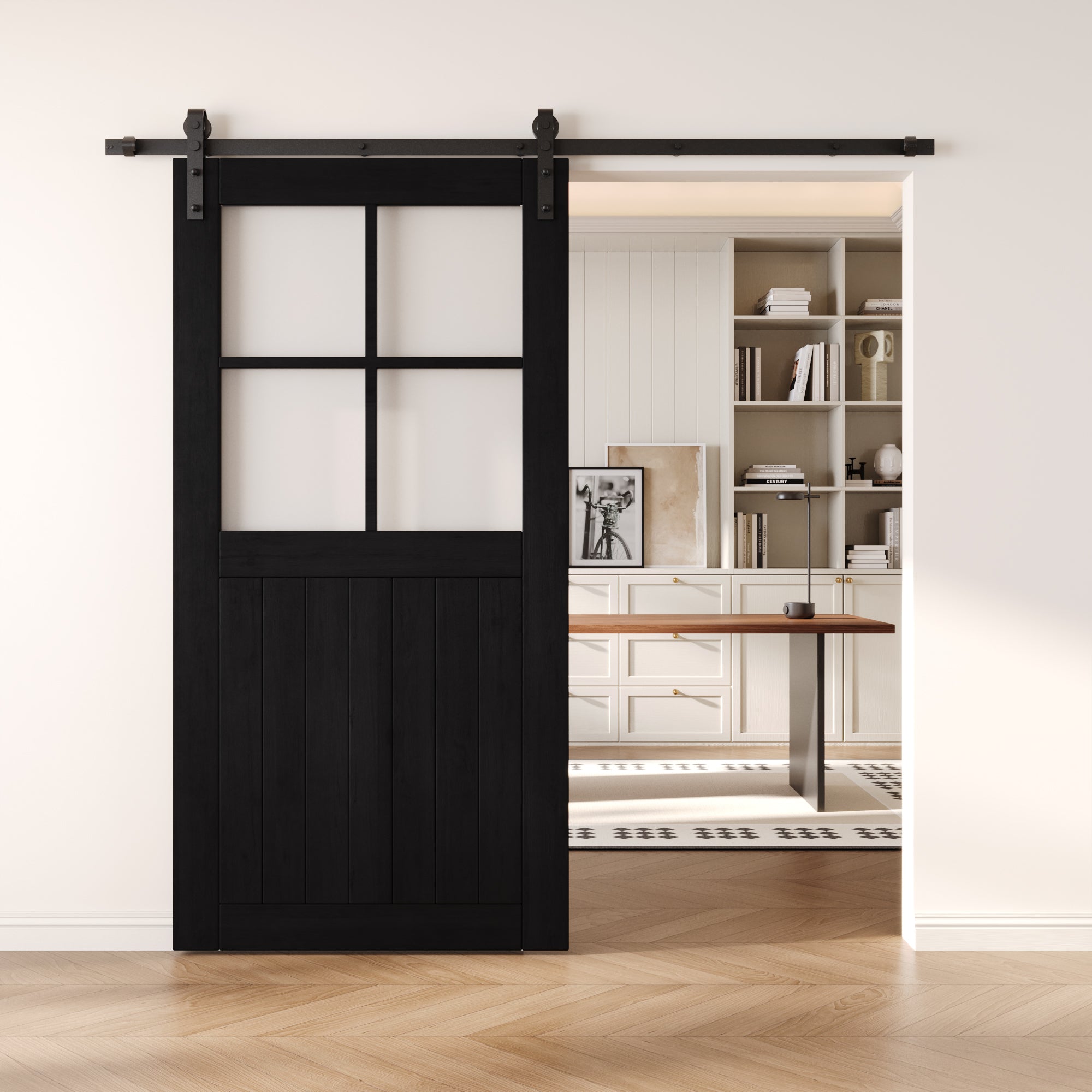 80" Height Black Half Lite Frosted Glass Cross Design Unassembled & Finished Pine Wood Barn Door (Interior Use Only)