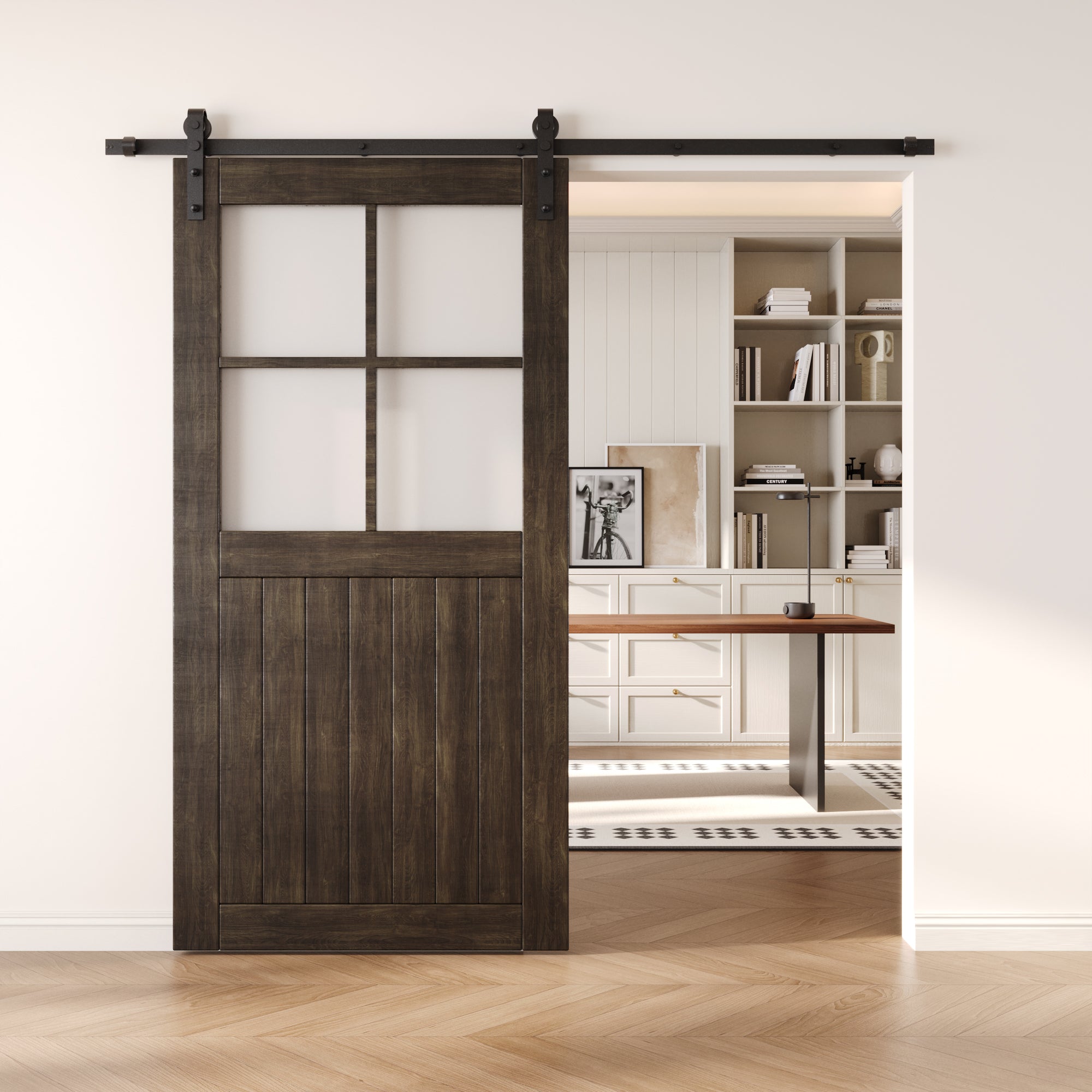 80" Height Ebony Half Lite Frosted Glass Cross Design Unassembled & Finished Pine Wood Barn Door (Interior Use Only)