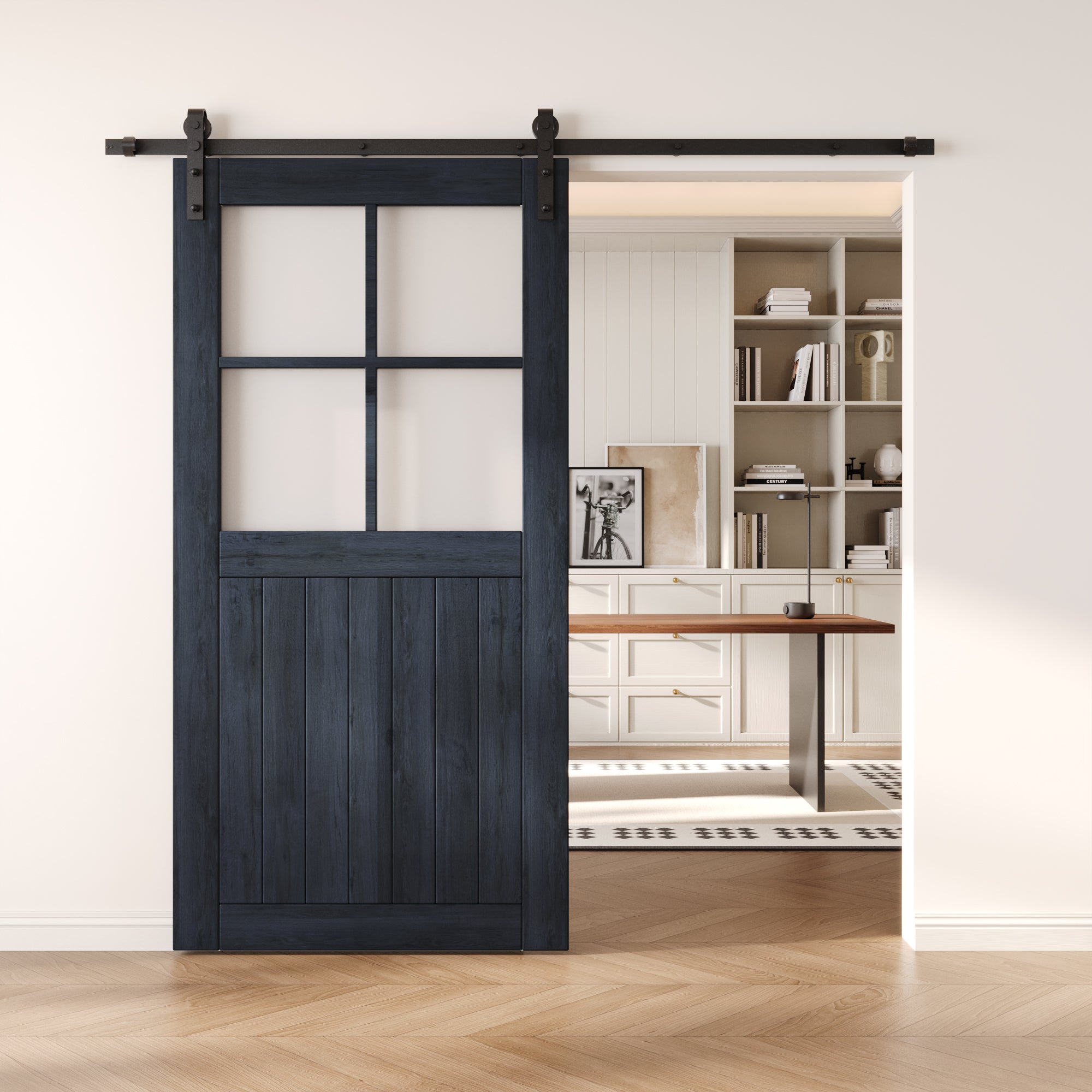 80" Height Navy Half Lite Frosted Glass Cross Design Unassembled & Finished Pine Wood Barn Door (Interior Use Only)