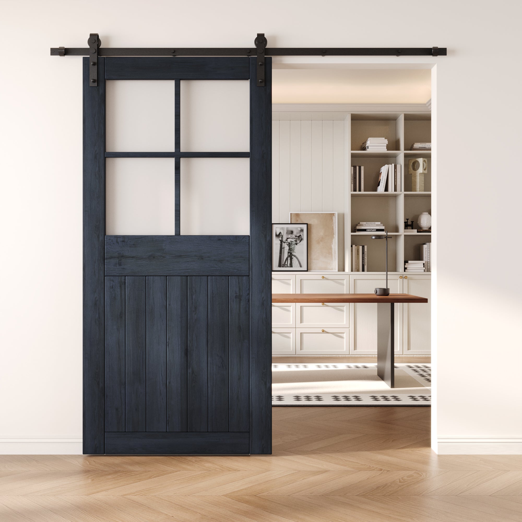 84" Height Navy Half Lite Grid Glass Unassembled & Finished Pine Wood Barn Door (Interior Use Only)