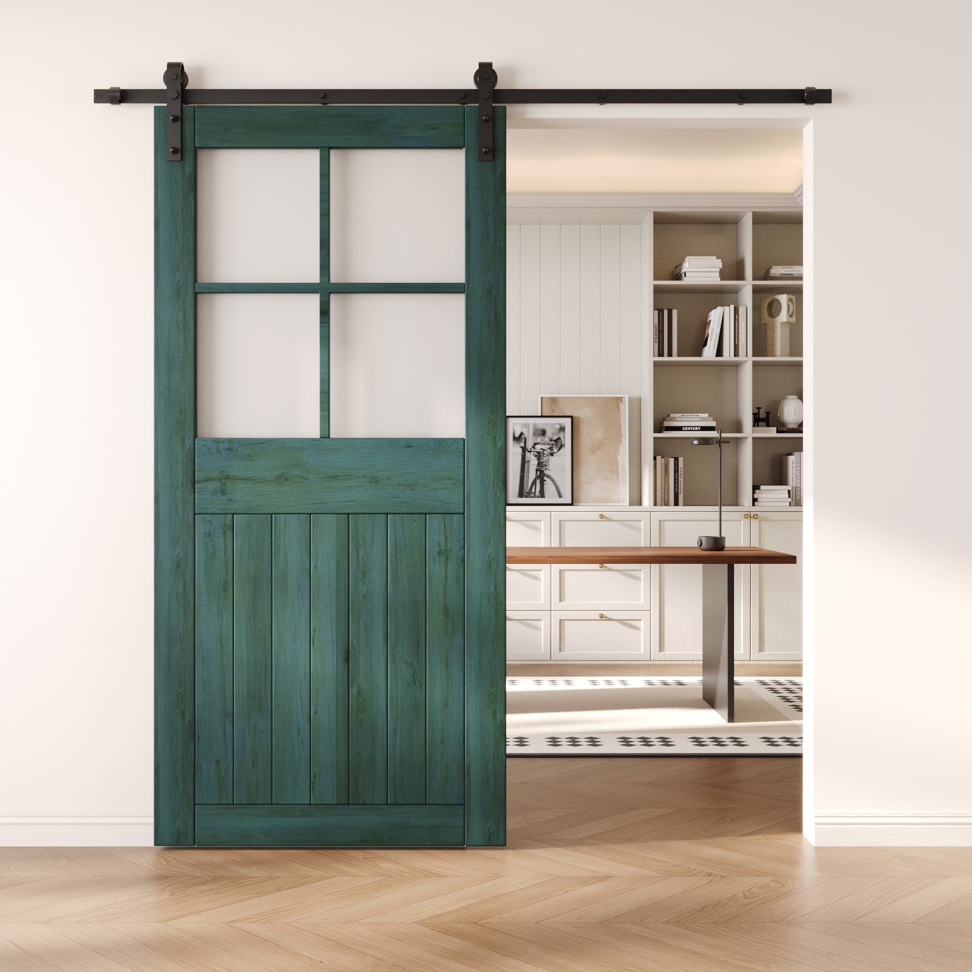 84" Height Royal Pine Half Lite Grid Glass Unassembled & Finished Pine Wood Barn Door (Interior Use Only)
