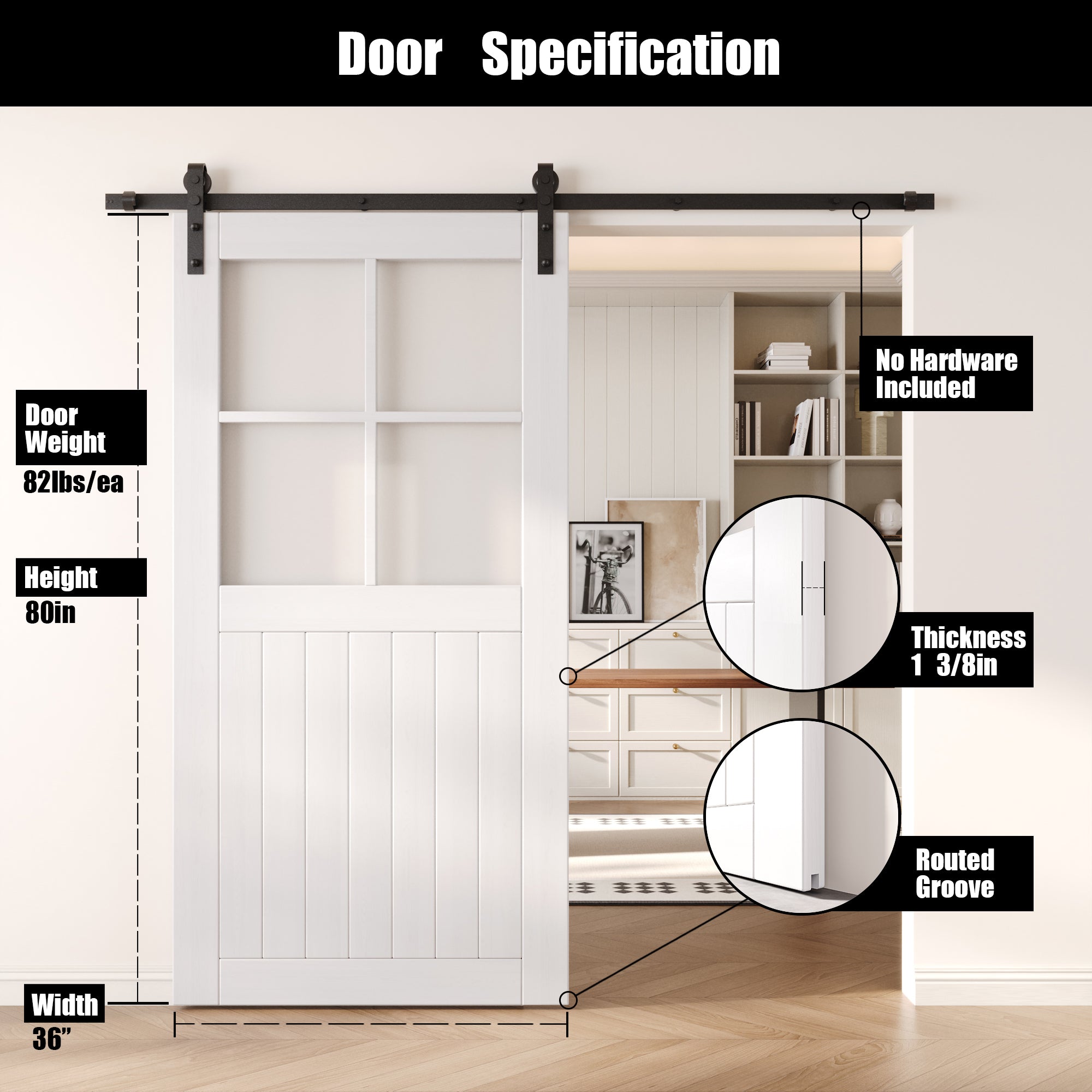 80" Height White Half Lite Frosted Glass Cross Design Unassembled & Finished Pine Wood Barn Door (Interior Use Only)