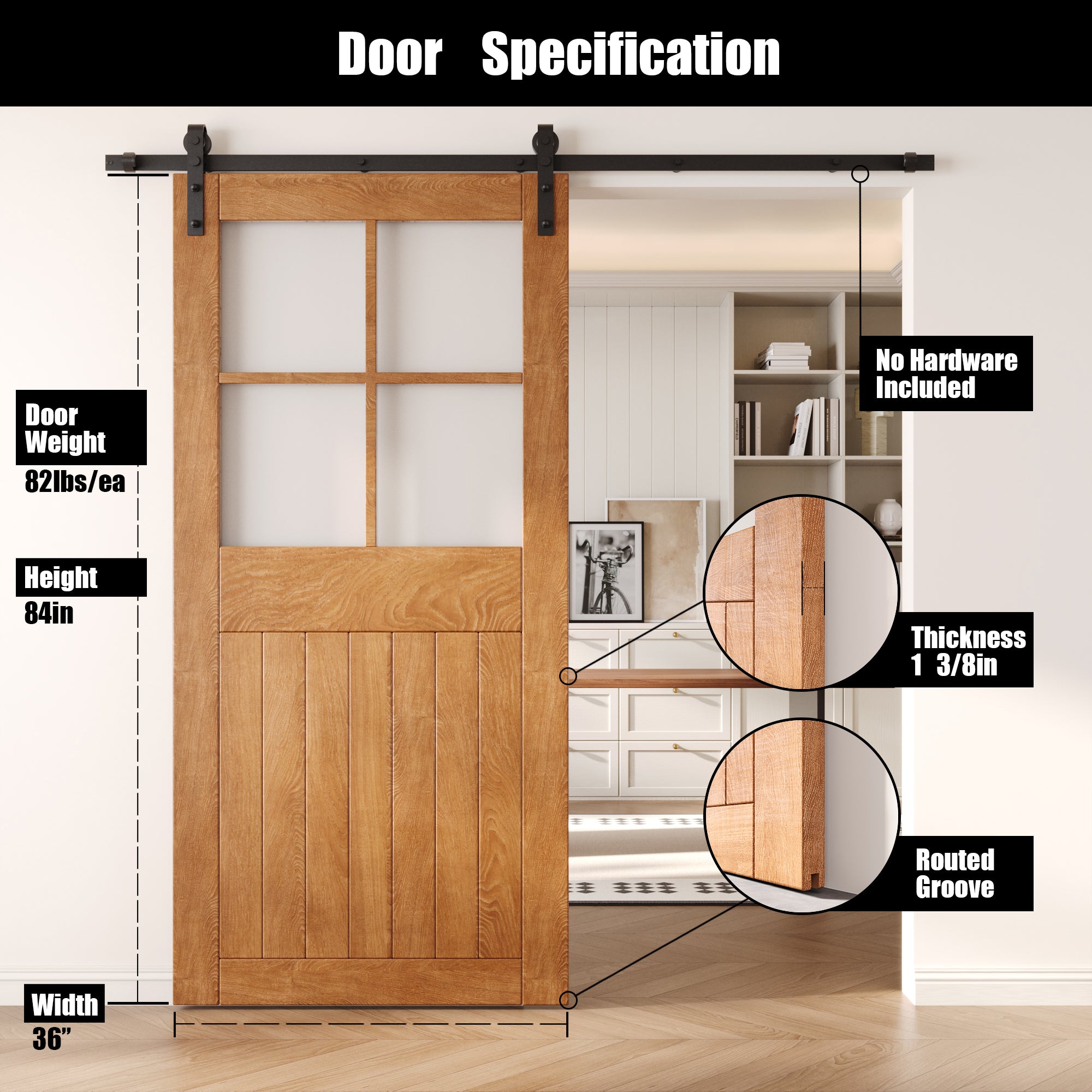 84" Height Early American Half Lite Frosted Glass Cross Design Unassembled & Finished Pine Wood Barn Door (Interior Use Only)