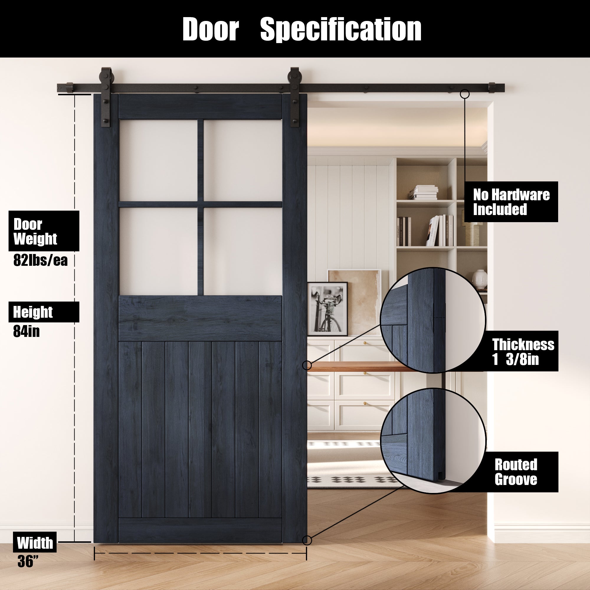 84" Height Navy Half Lite Grid Glass Unassembled & Finished Pine Wood Barn Door (Interior Use Only)