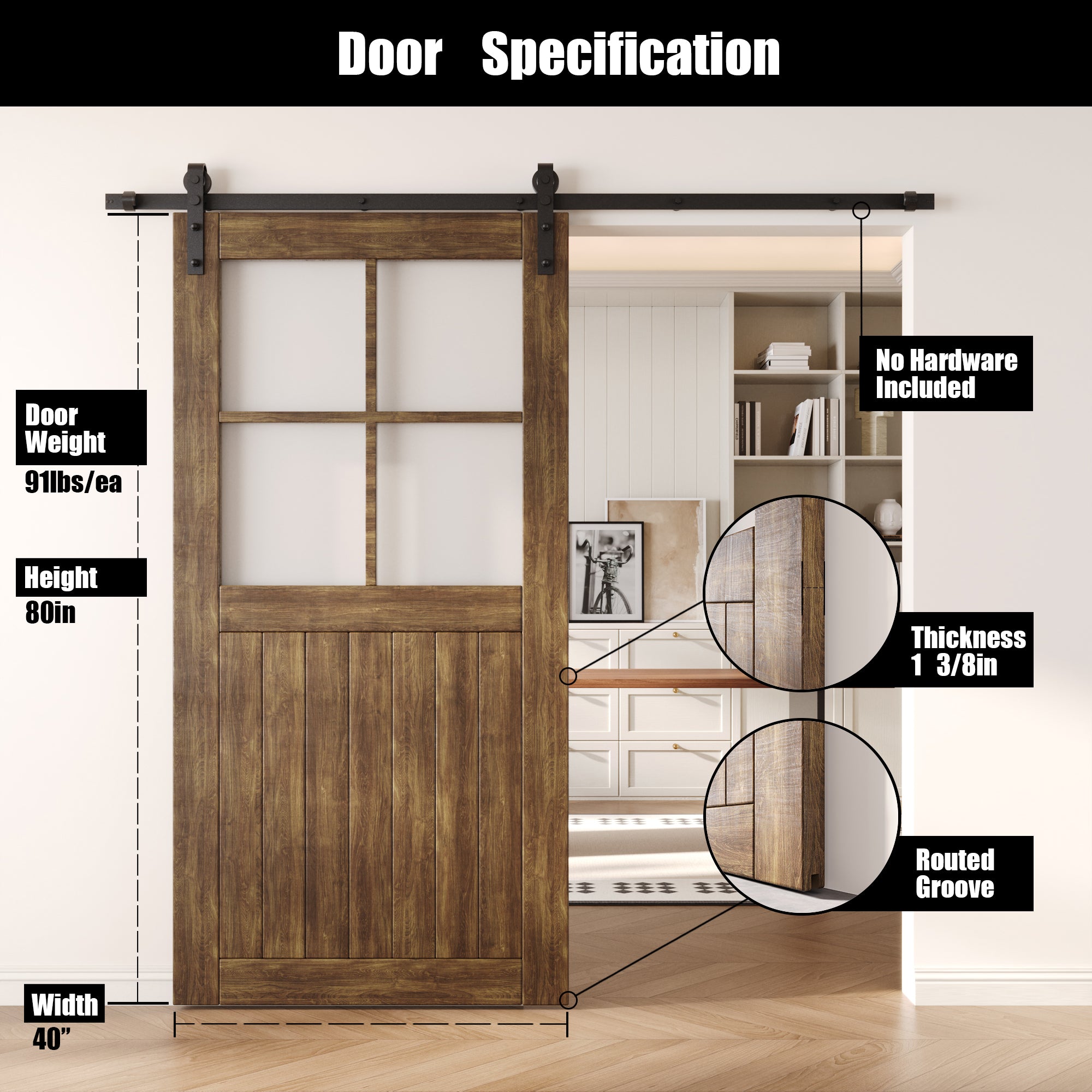 80" Height Dark Walnut Half Lite Frosted Glass Cross Design Unassembled & Finished Pine Wood Barn Door (Interior Use Only)