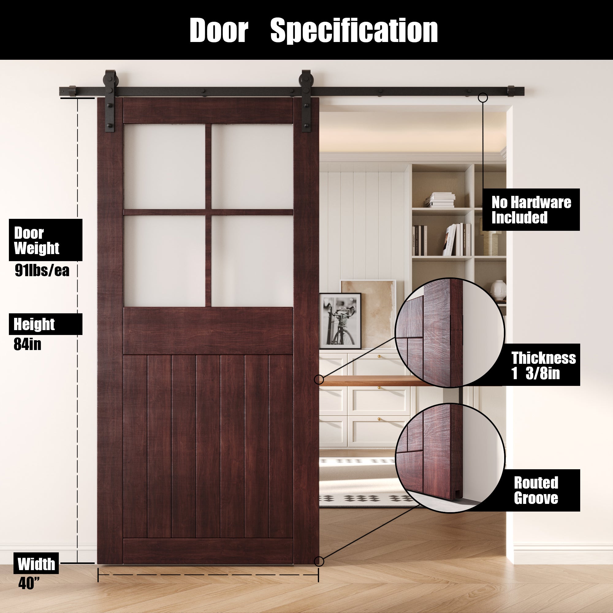 84" Height Red Mahogany Half Lite Grid Glass Unassembled & Finished Pine Wood Barn Door (Interior Use Only)