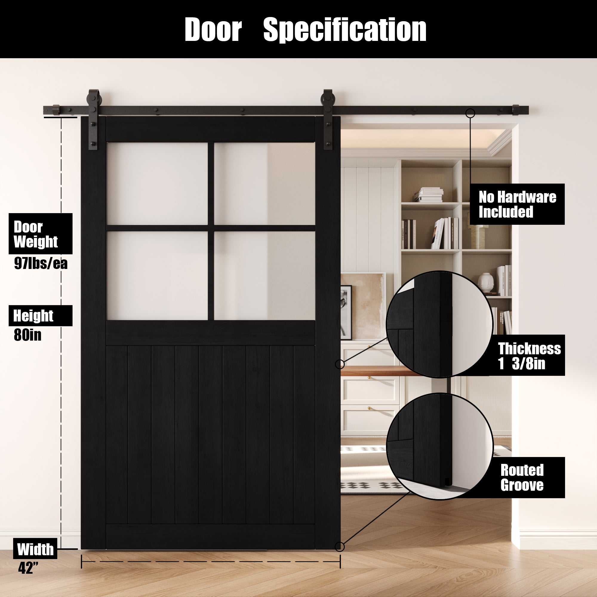 80" Height Black Half Lite Frosted Glass Cross Design Unassembled & Finished Pine Wood Barn Door (Interior Use Only)