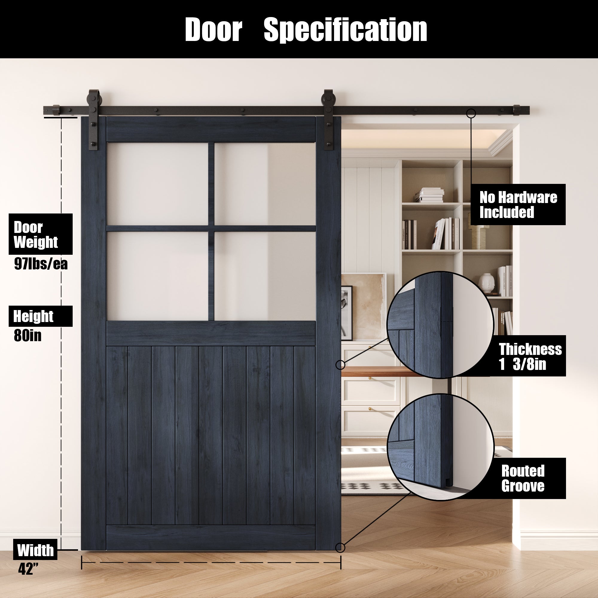 80" Height Navy Half Lite Frosted Glass Cross Design Unassembled & Finished Pine Wood Barn Door (Interior Use Only)