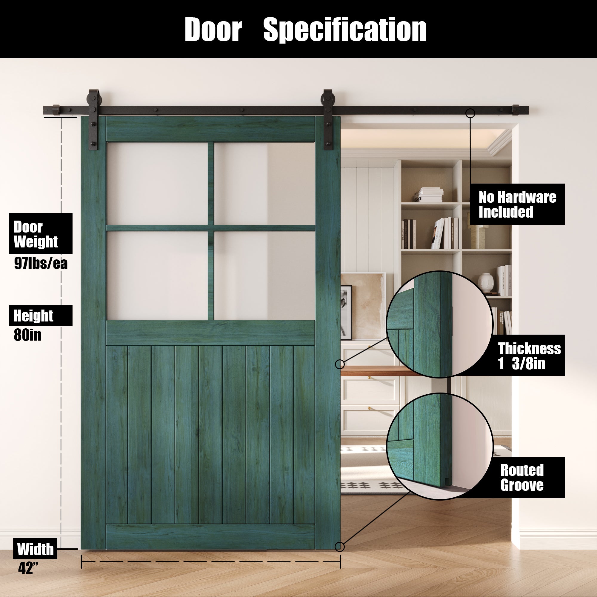 80" Height Royal Pine Half Lite Frosted Glass Cross Design Unassembled & Finished Pine Wood Barn Door (Interior Use Only)