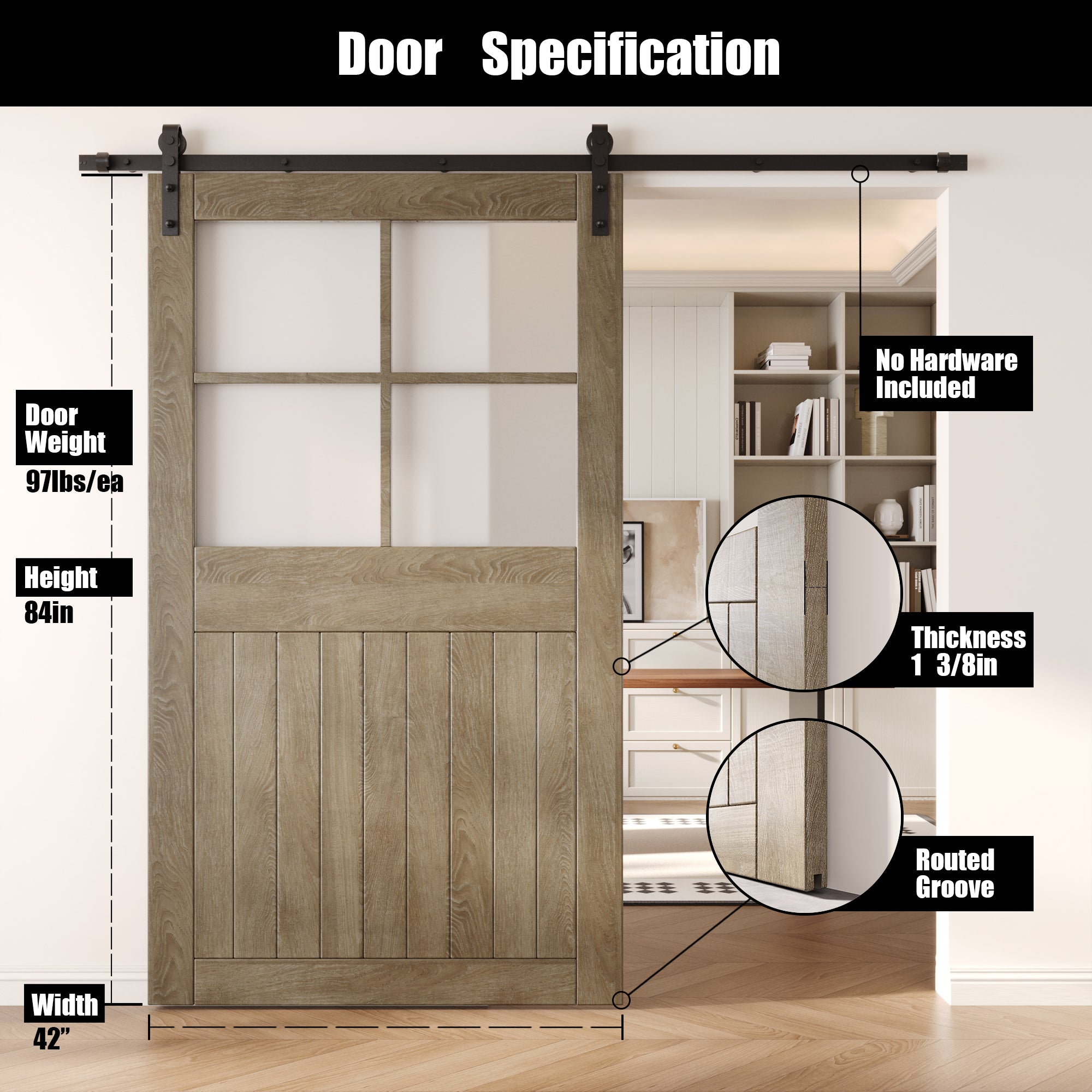 84" Height Classic Gray Half Lite Frosted Glass Cross Design Unassembled & Finished Pine Wood Barn Door (Interior Use Only)