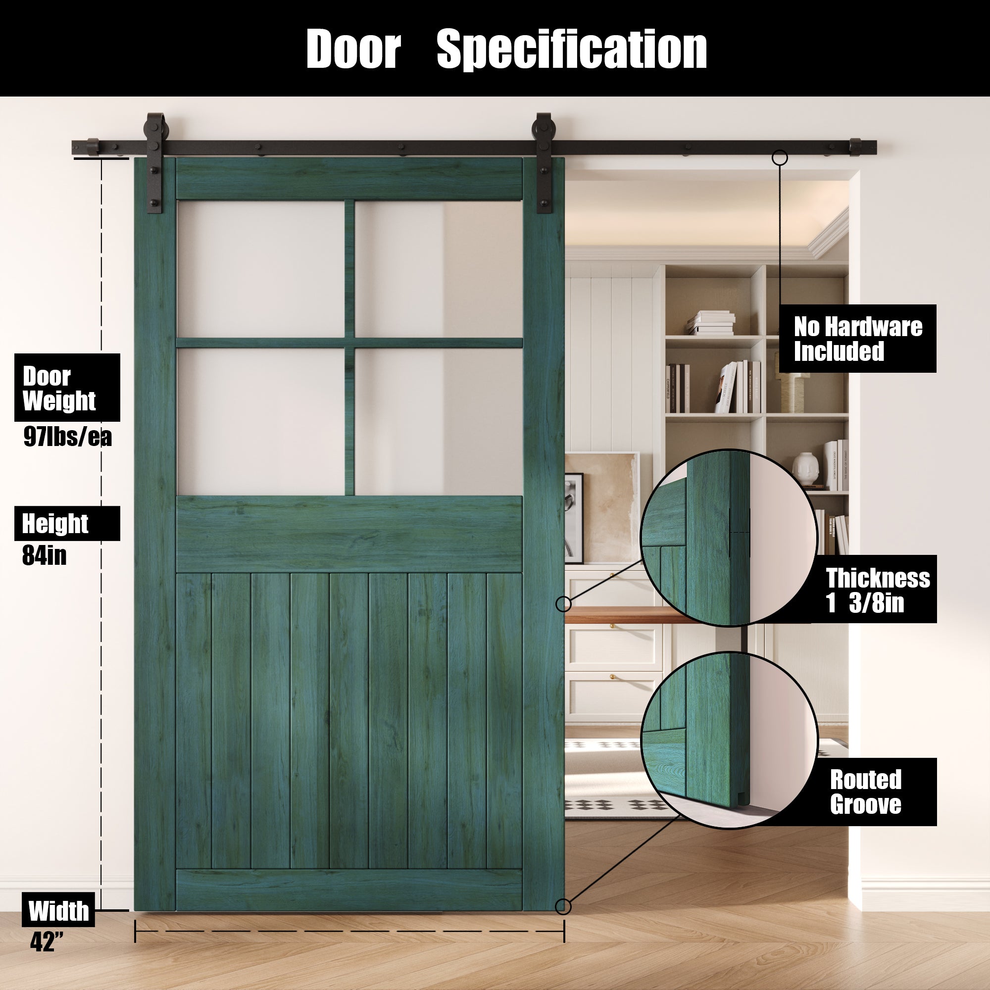 84" Height Royal Pine Half Lite Grid Glass Unassembled & Finished Pine Wood Barn Door (Interior Use Only)