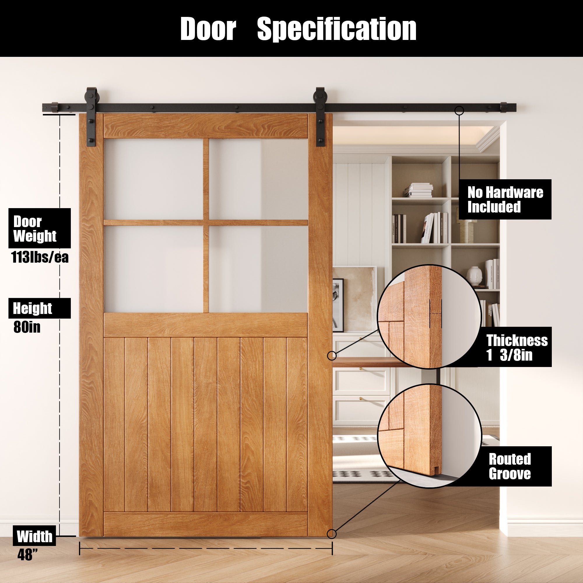 80" Height Early American Half Lite Frosted Glass Cross Design Unassembled & Finished Pine Wood Barn Door (Interior Use Only)