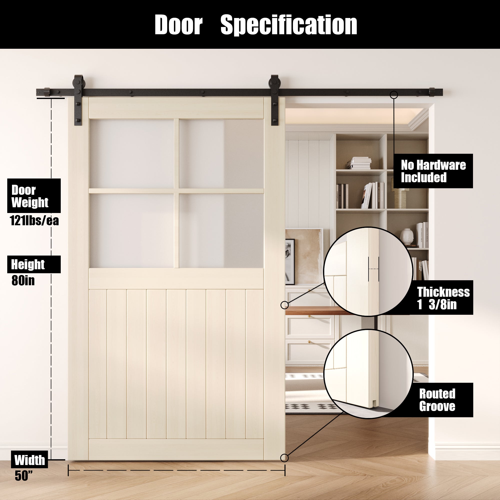 80" Height Tinsmith Gray Half Lite Frosted Glass Cross Design Unassembled & Finished Pine Wood Barn Door (Interior Use Only)