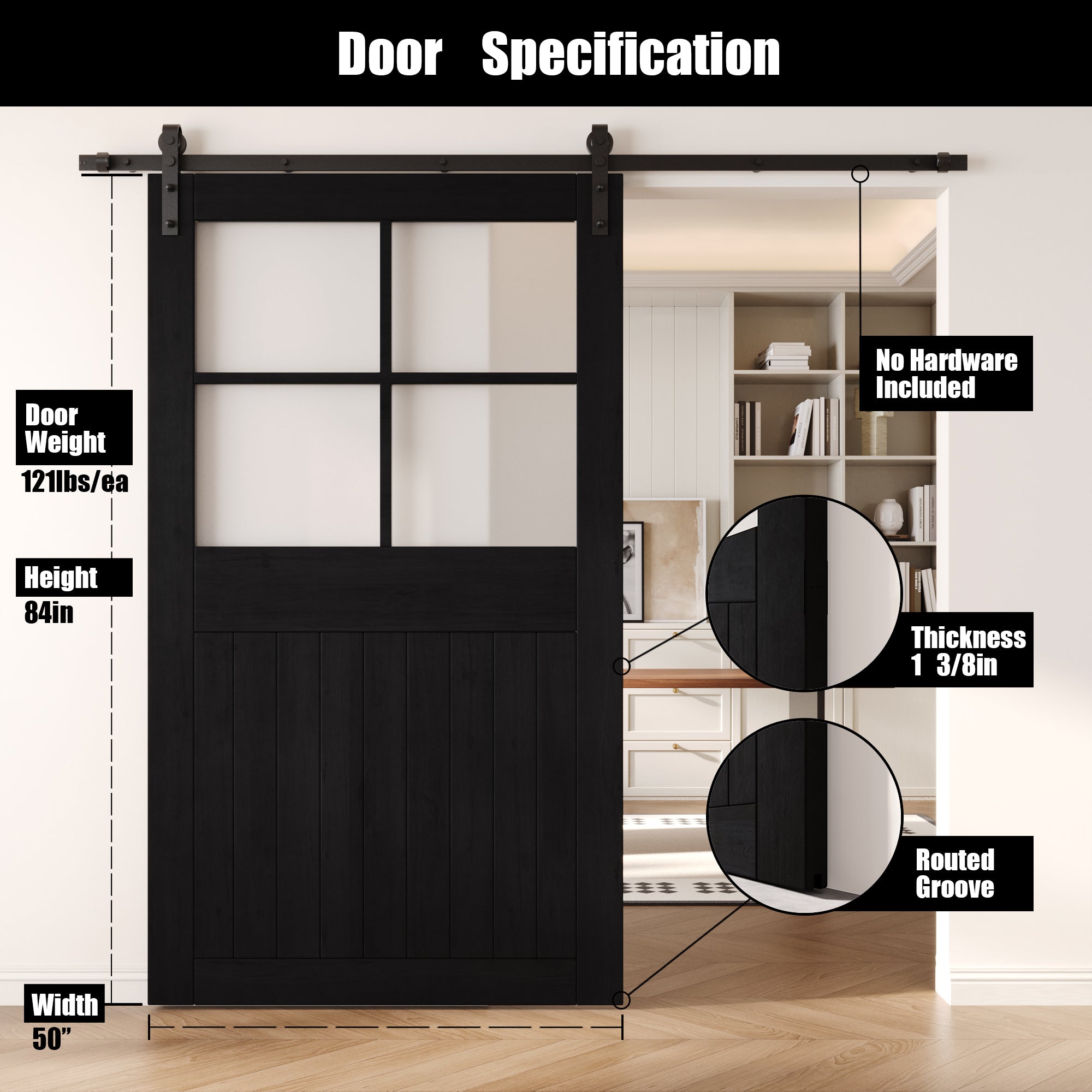 84" Height Black Half Lite Frosted Glass Cross Design Unassembled & Finished Pine Wood Barn Door (Interior Use Only)