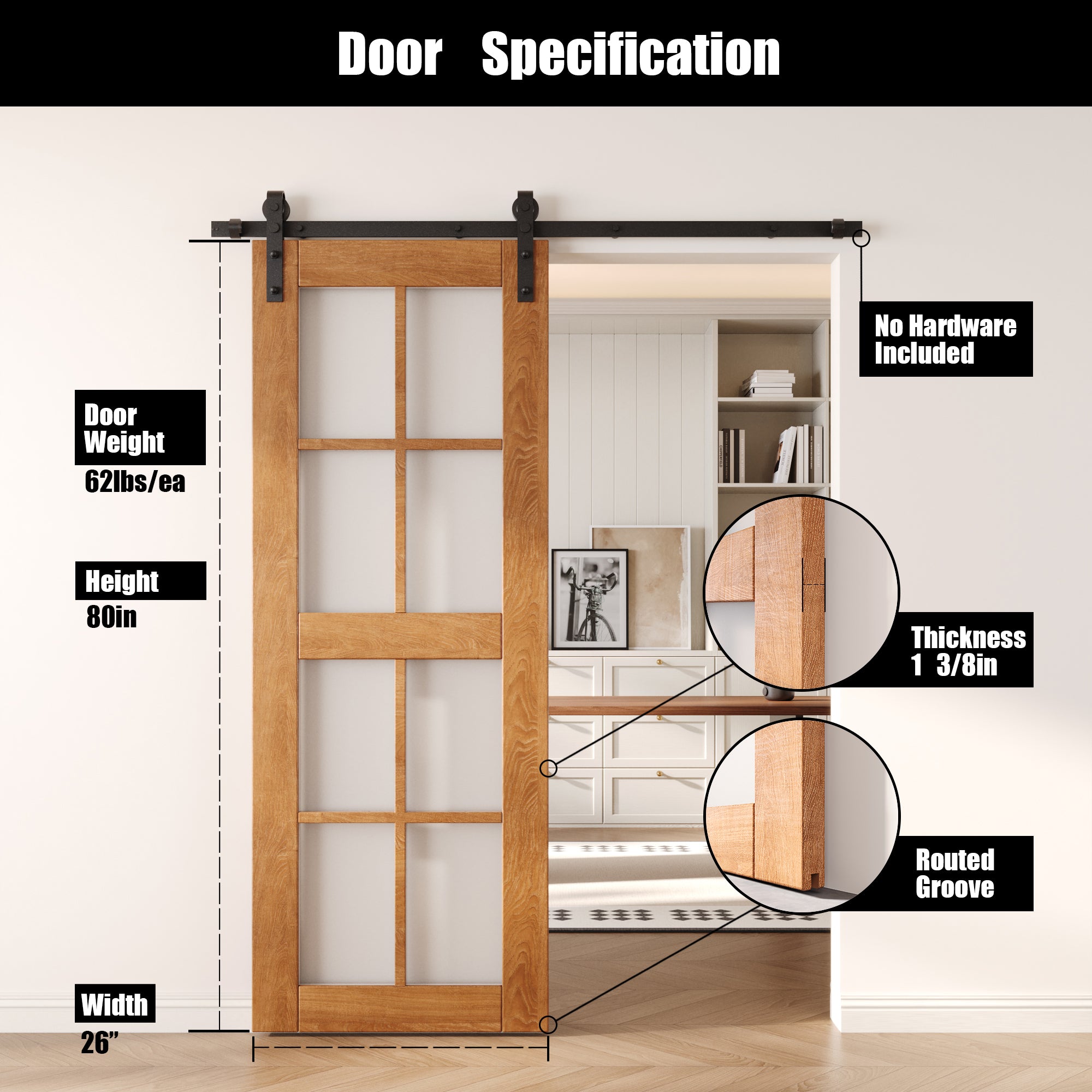 80" Height Early American 8-Lite Frosted Glass Unassembled & Finished Pine Wood Barn Door (Interior Use Only)