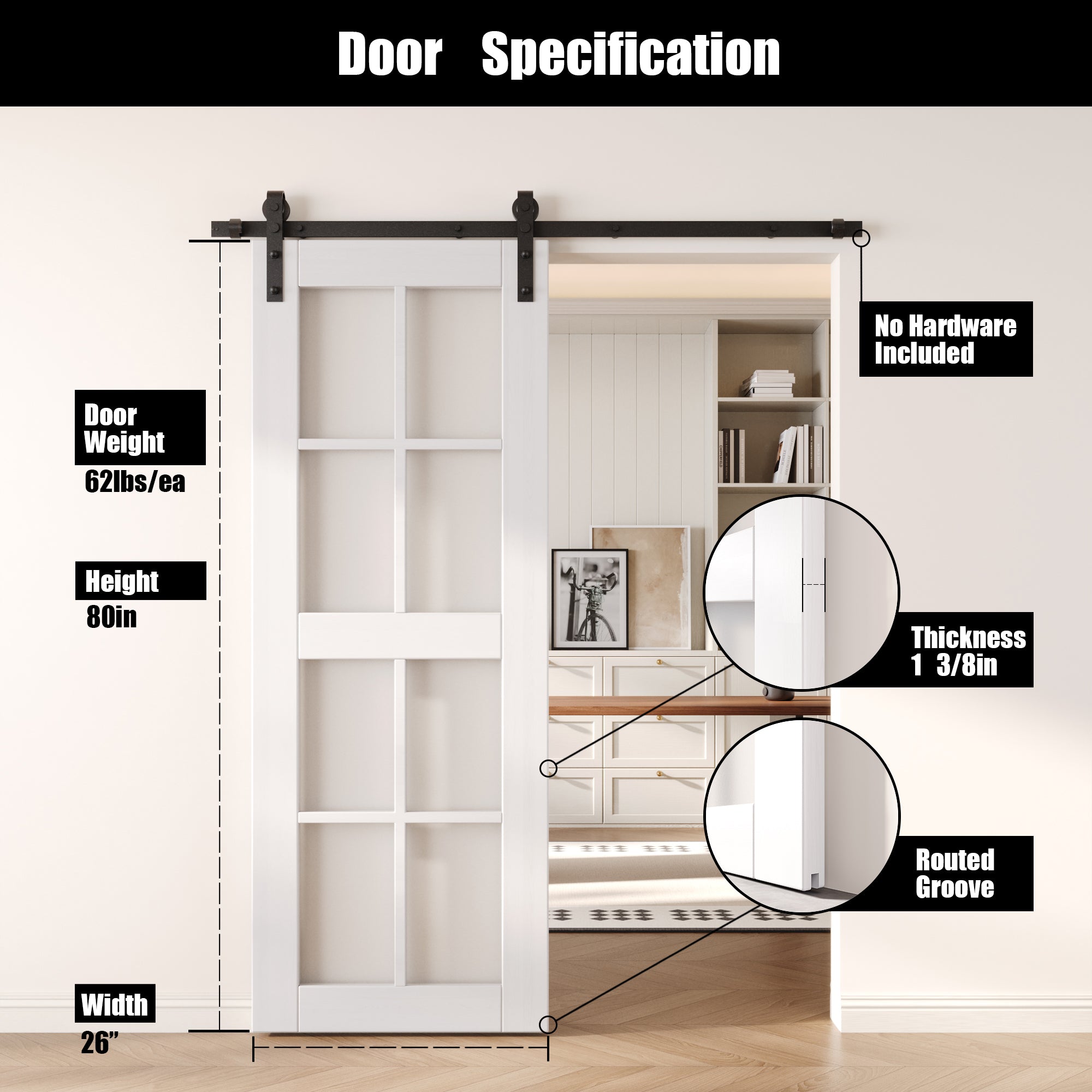 80" Height White 8-Lite Frosted Glass Unassembled & Finished Pine Wood Barn Door (Interior Use Only)